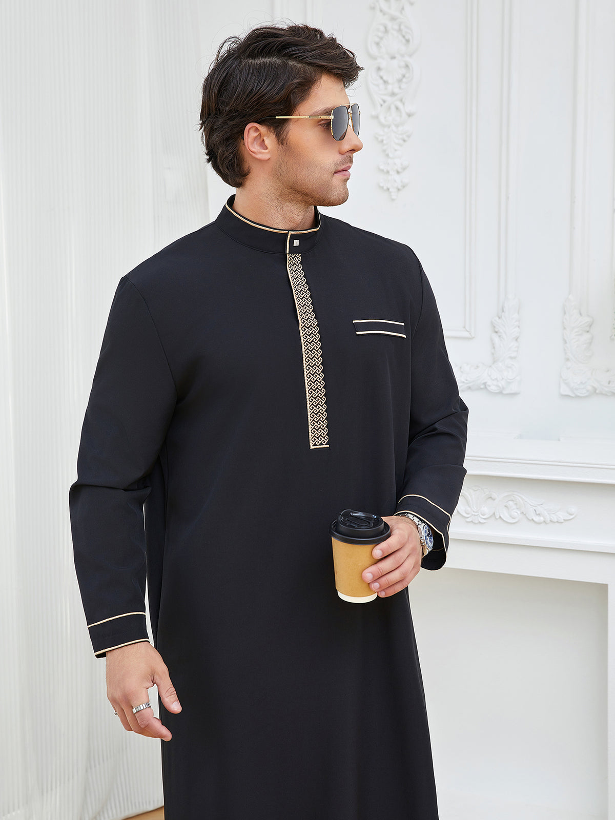 Men's Stand Collar Arabian Thobe - Spring & Autumn Prayer Robe for Eid al-Fitr & al-Adha