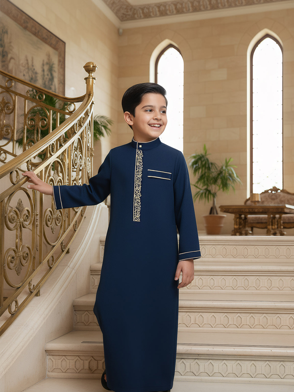 Boys' Embroidered Thobe – Classic Navy Blue Long-Sleeve Arabic Robe with Gold Trim