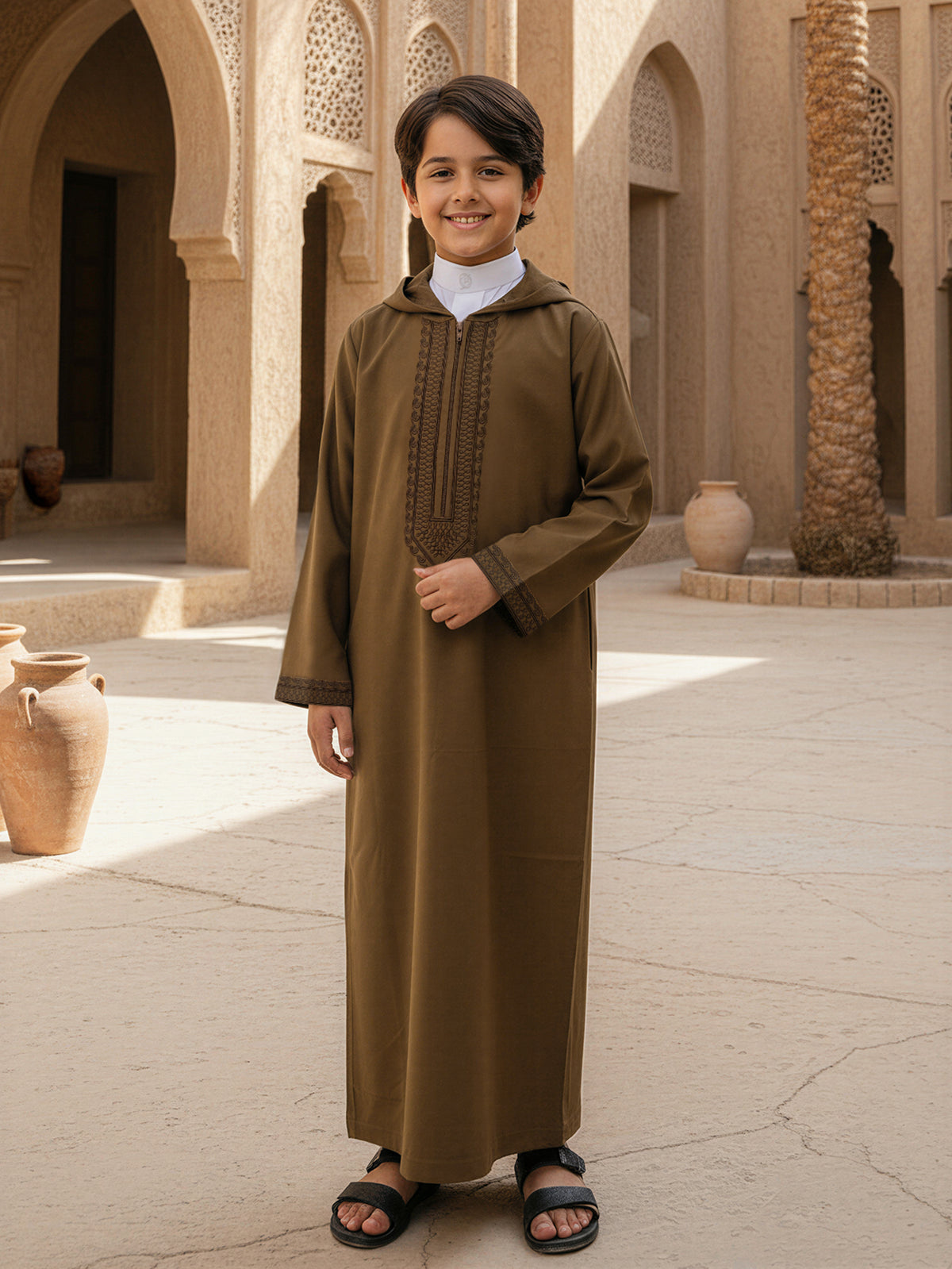 Boys’ Olive Brown Hooded Djellaba with Tonal Embroidery & Half-Zip Neck – Eid and Everyday Wear