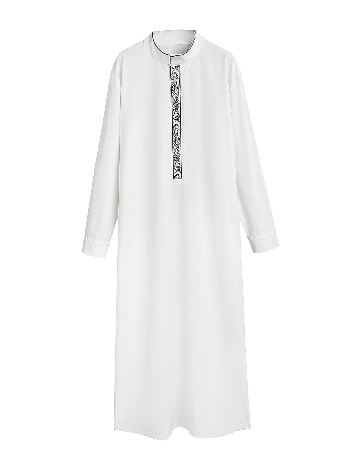 Qamis blanc homme à col droit - Élégante robe de prière de l'Aïd al-Fitr avec broderies argentées