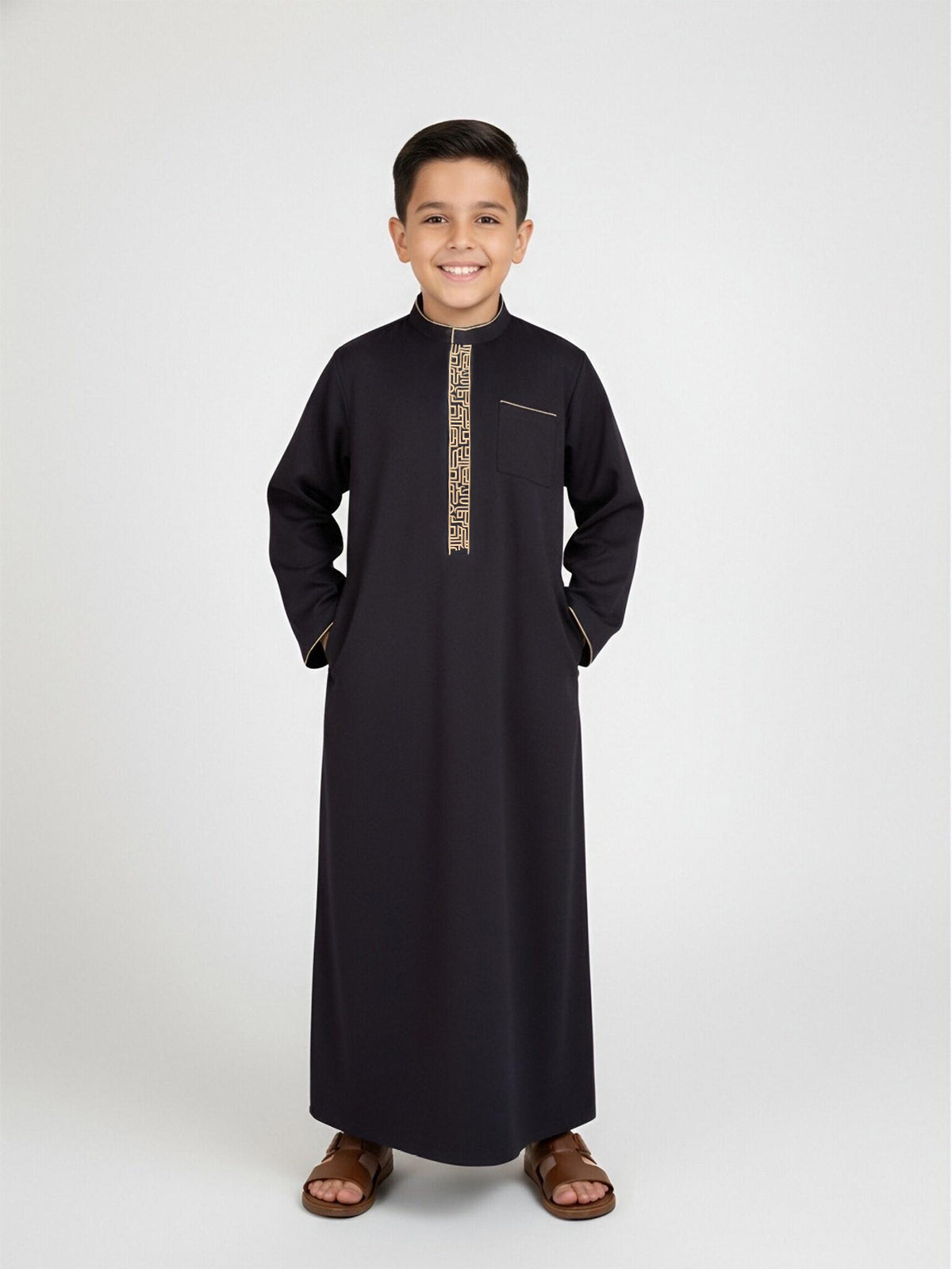 Boys' Black Thobe with Gold Geometric Placket & Pockets