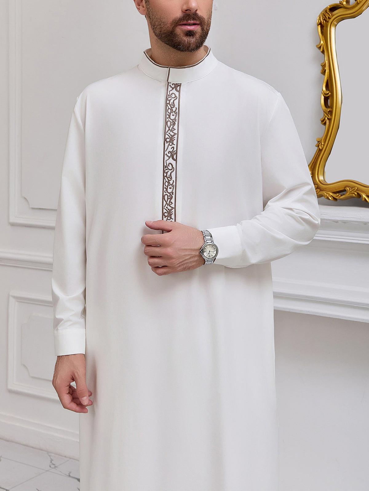 Qamis blanc homme à col droit - Élégante robe de prière de l'Aïd al-Fitr avec broderies argentées