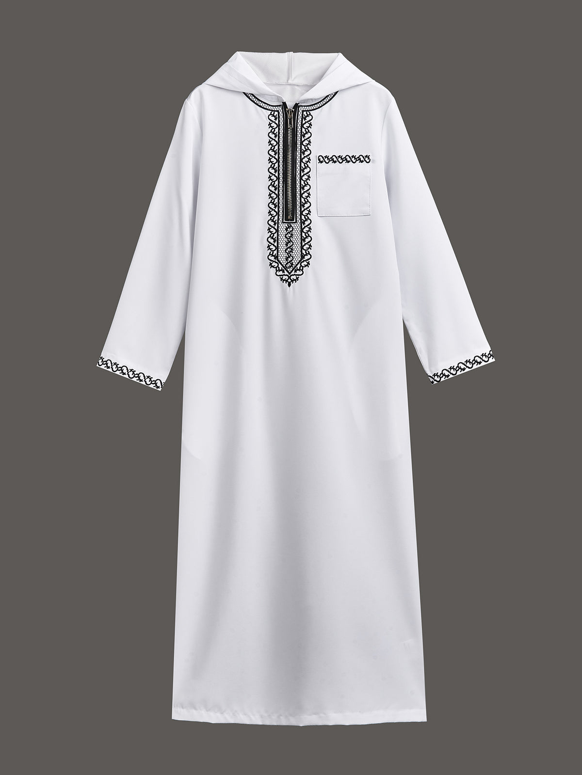 Boys' White Hooded Djellaba with Black Embroidery & Zip Neck