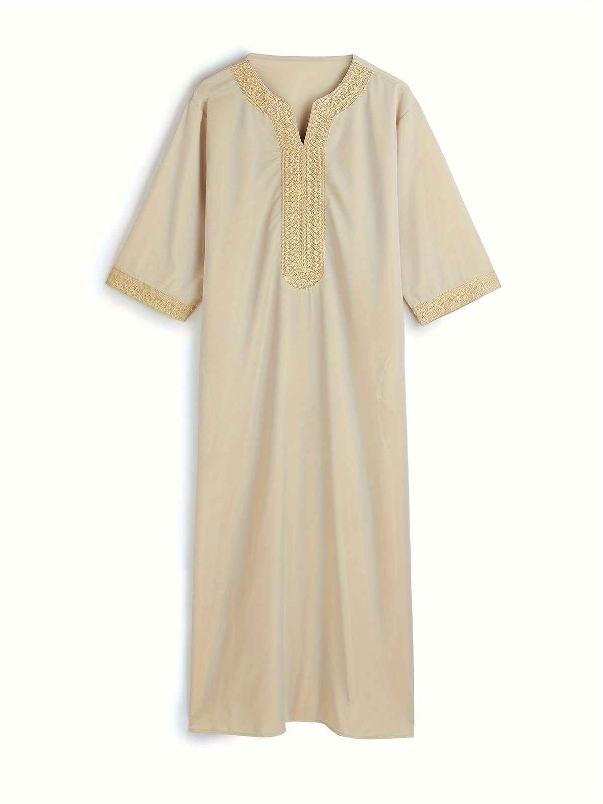 Thobe marocain homme beige, col en V, manches courtes, broderie dorée - Tenue traditionnelle pour l'Aïd