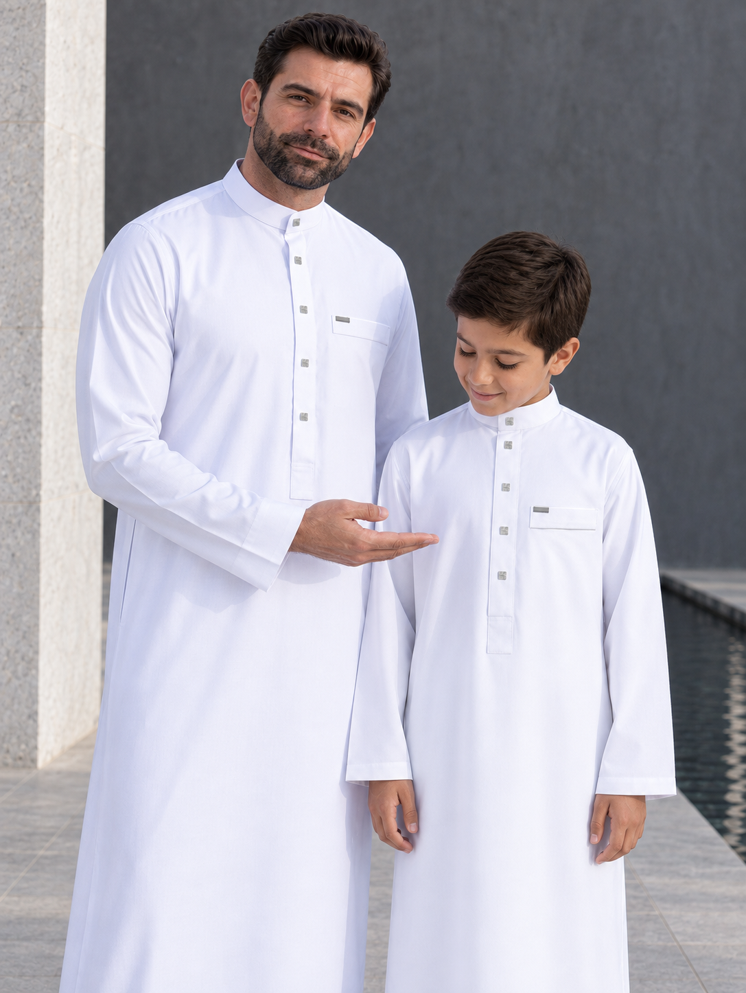 Matching Father & Son White Thobes with Silver-Tone Button Details – Long Sleeve Islamic Robes for Eid, Prayer & Everyday Wear