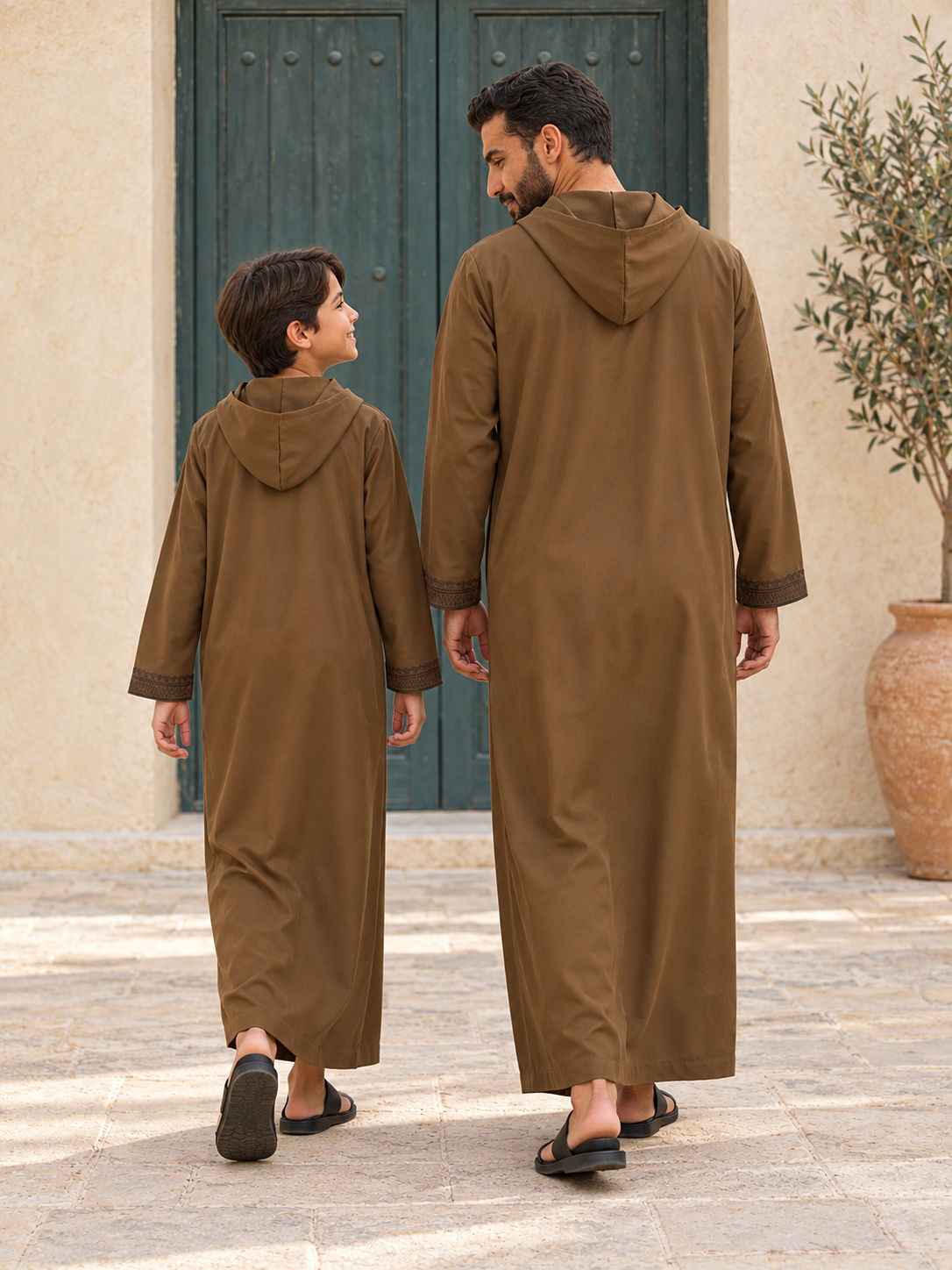 Matching Father & Son Brown Hooded Djellabas with Tonal Embroidery – Long Sleeve Robes for Eid & Family Occasions
