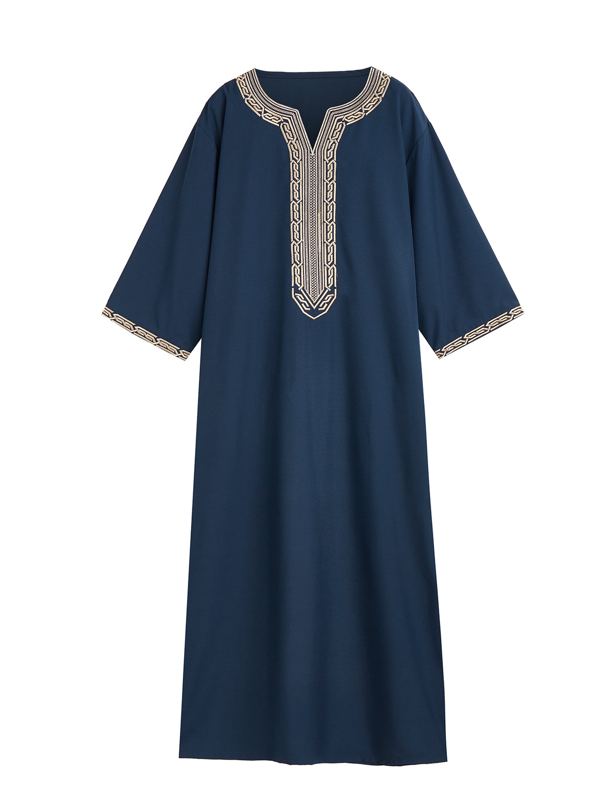 Qamis marocain bleu marine pour homme - Col en V, manches courtes avec broderies géométriques dorées