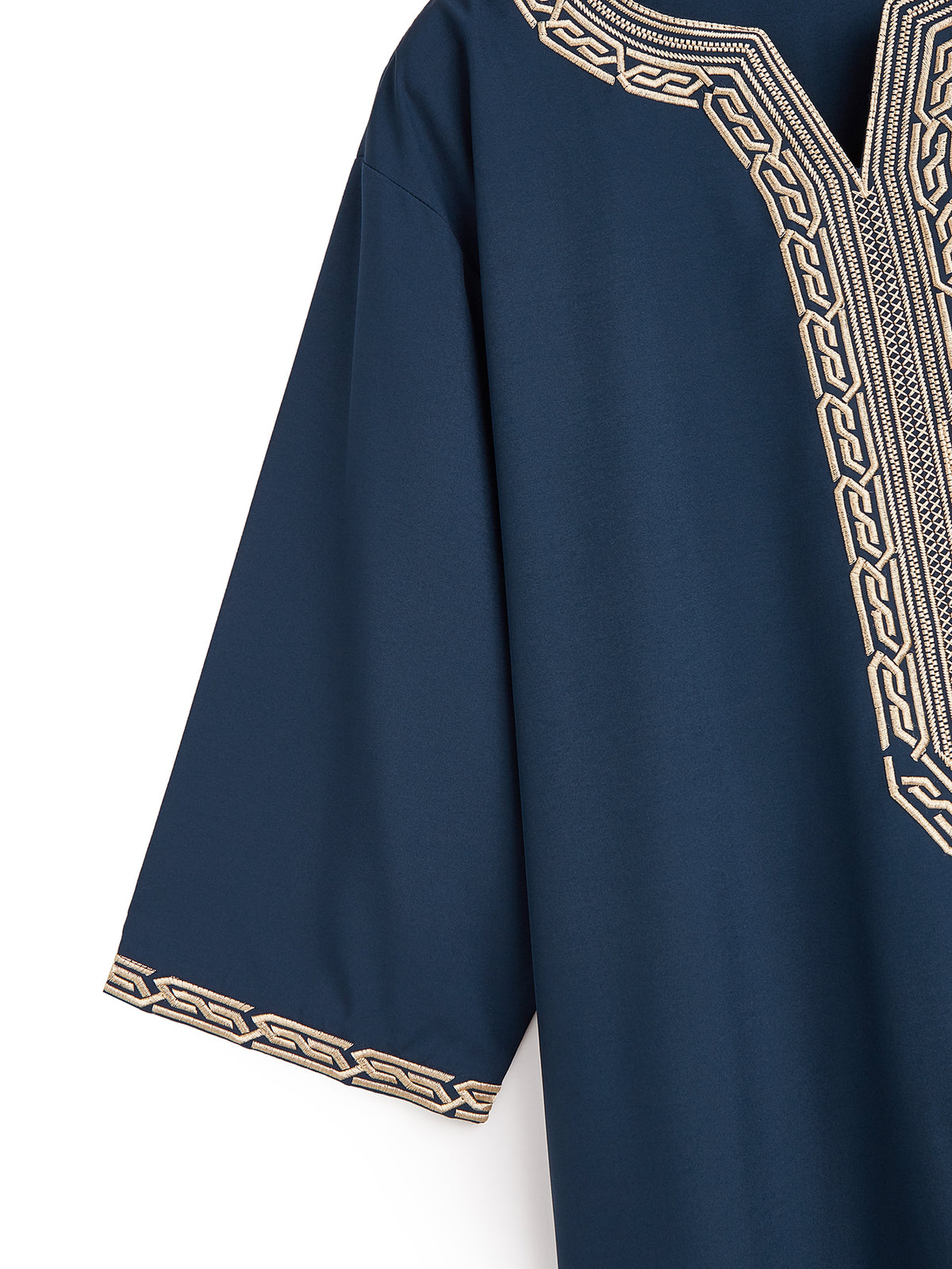 Qamis marocain bleu marine pour homme - Col en V, manches courtes avec broderies géométriques dorées
