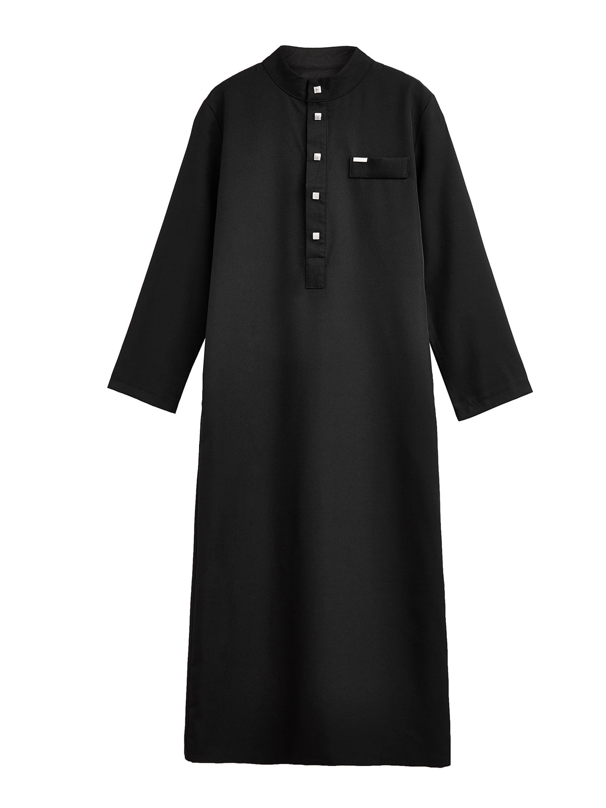 Boys’ Stand-Collar Thobe with Square Button Details & Chest Pocket – Available in White or Black