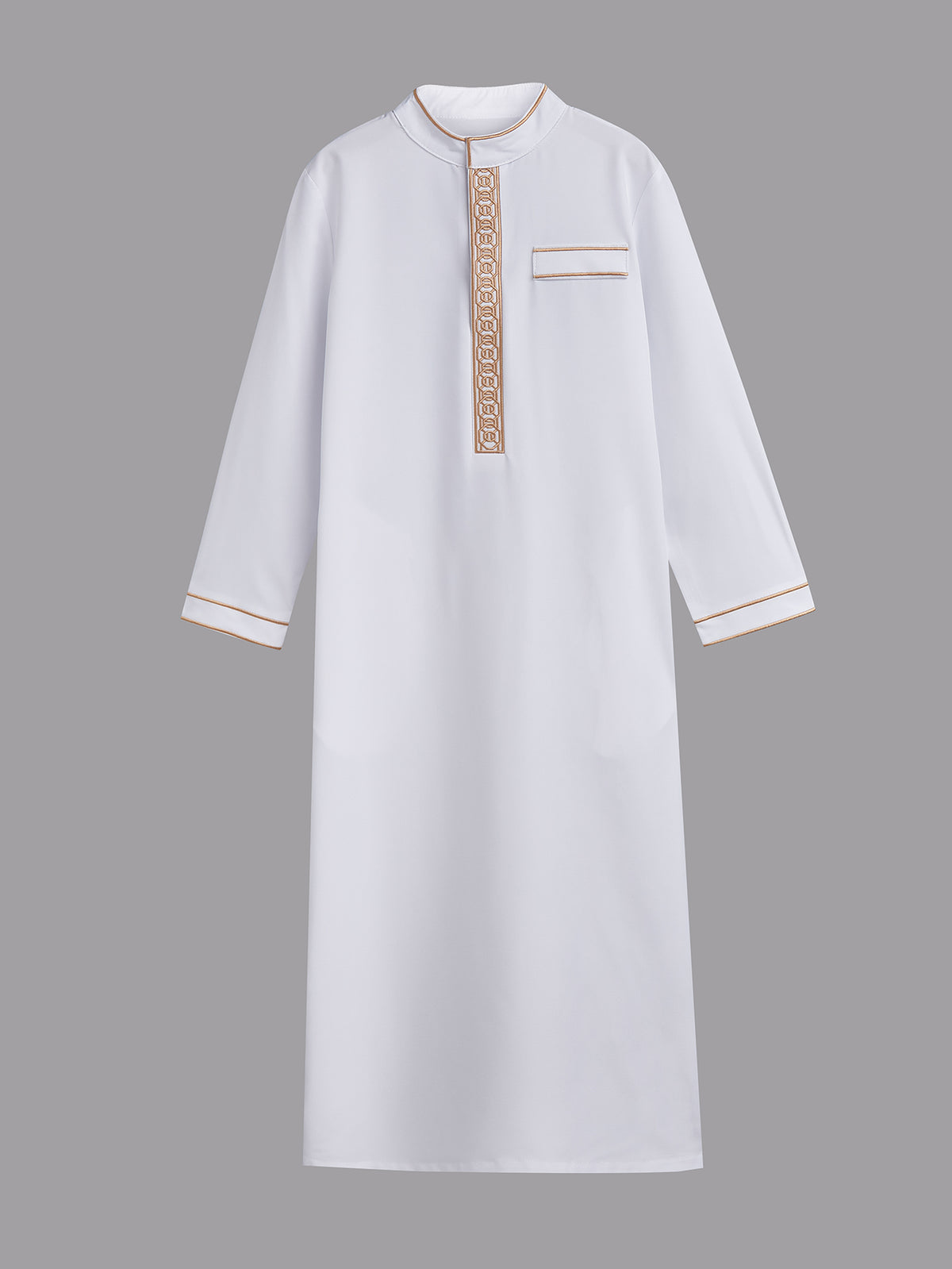 Boys' Geometric Embroidered Thobe with Gold-Tone Trim – Available in White or Black