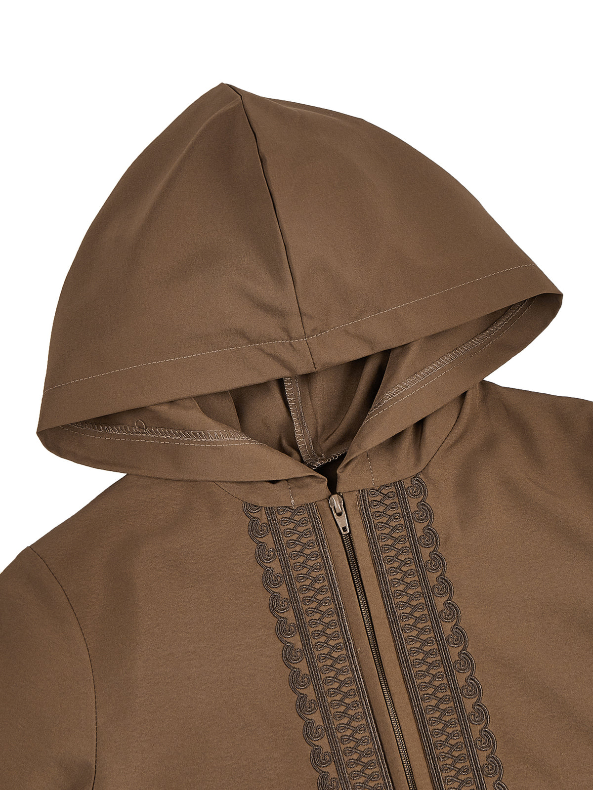 Boys’ Olive Brown Hooded Djellaba with Tonal Embroidery & Half-Zip Neck – Eid and Everyday Wear