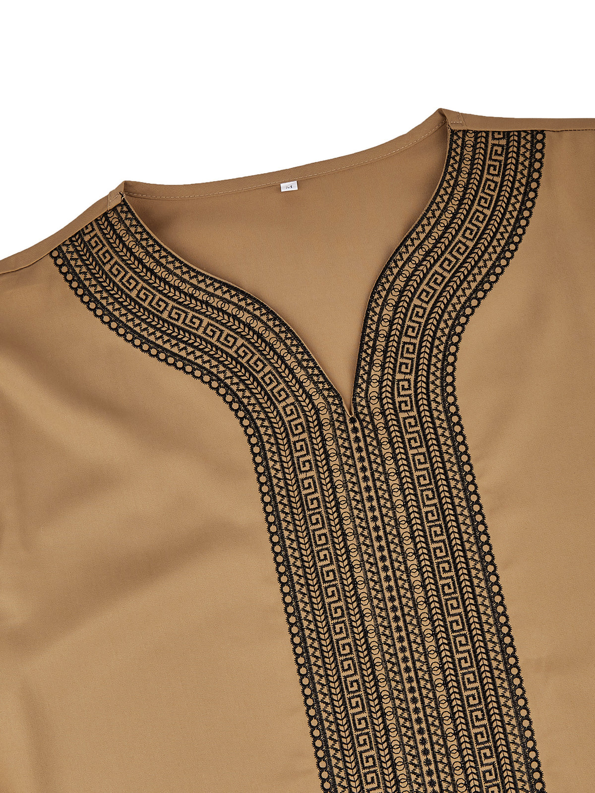 Thobe marocain kaki pour homme brodé noir - Col V Manches courtes