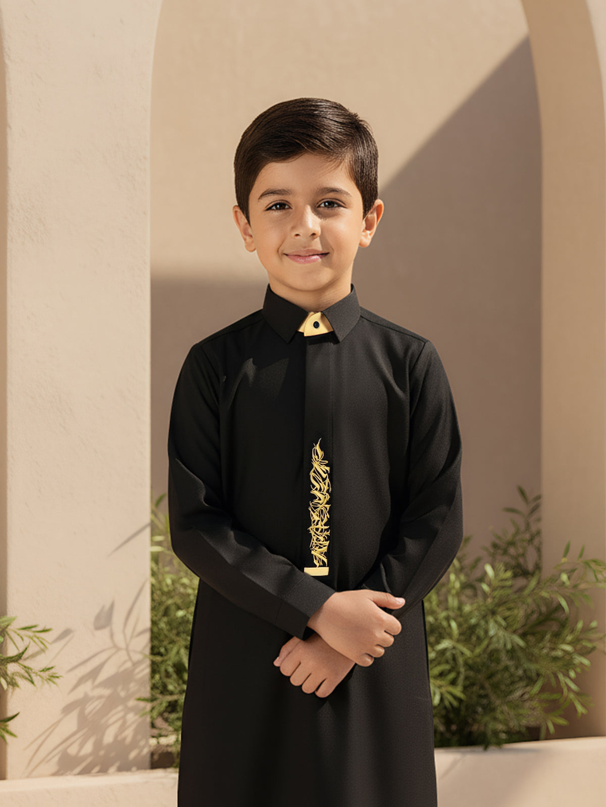 Boys’ Black Thobe with Turn-Down Collar and Gold Embroidered Placket