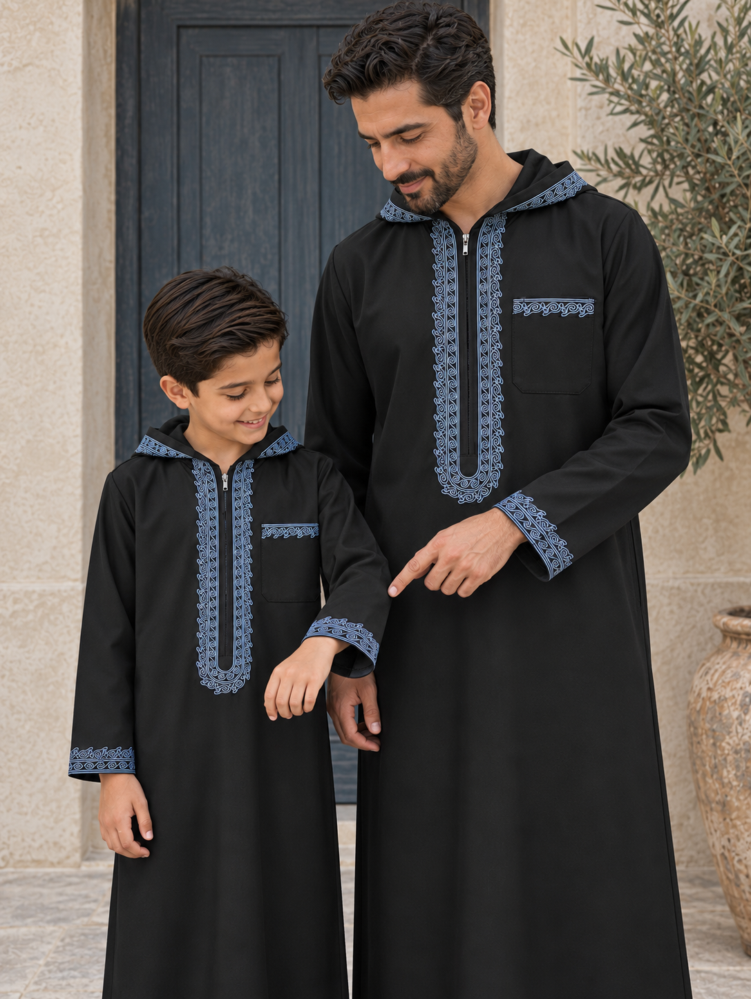 Matching Father & Son Black Hooded Djellabas with Blue Embroidery – Long Sleeve Robes for Eid & Family Occasions