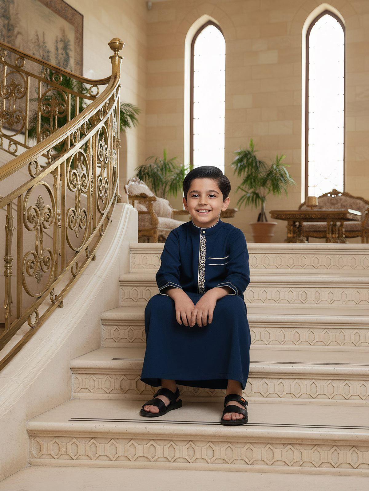 Boys' Embroidered Thobe – Classic Navy Blue Long-Sleeve Arabic Robe with Gold Trim