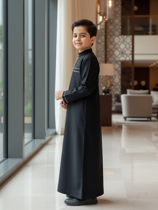 Boys' Black Embroidered Thobe with Gold-Tone Trim & Chest Pocket