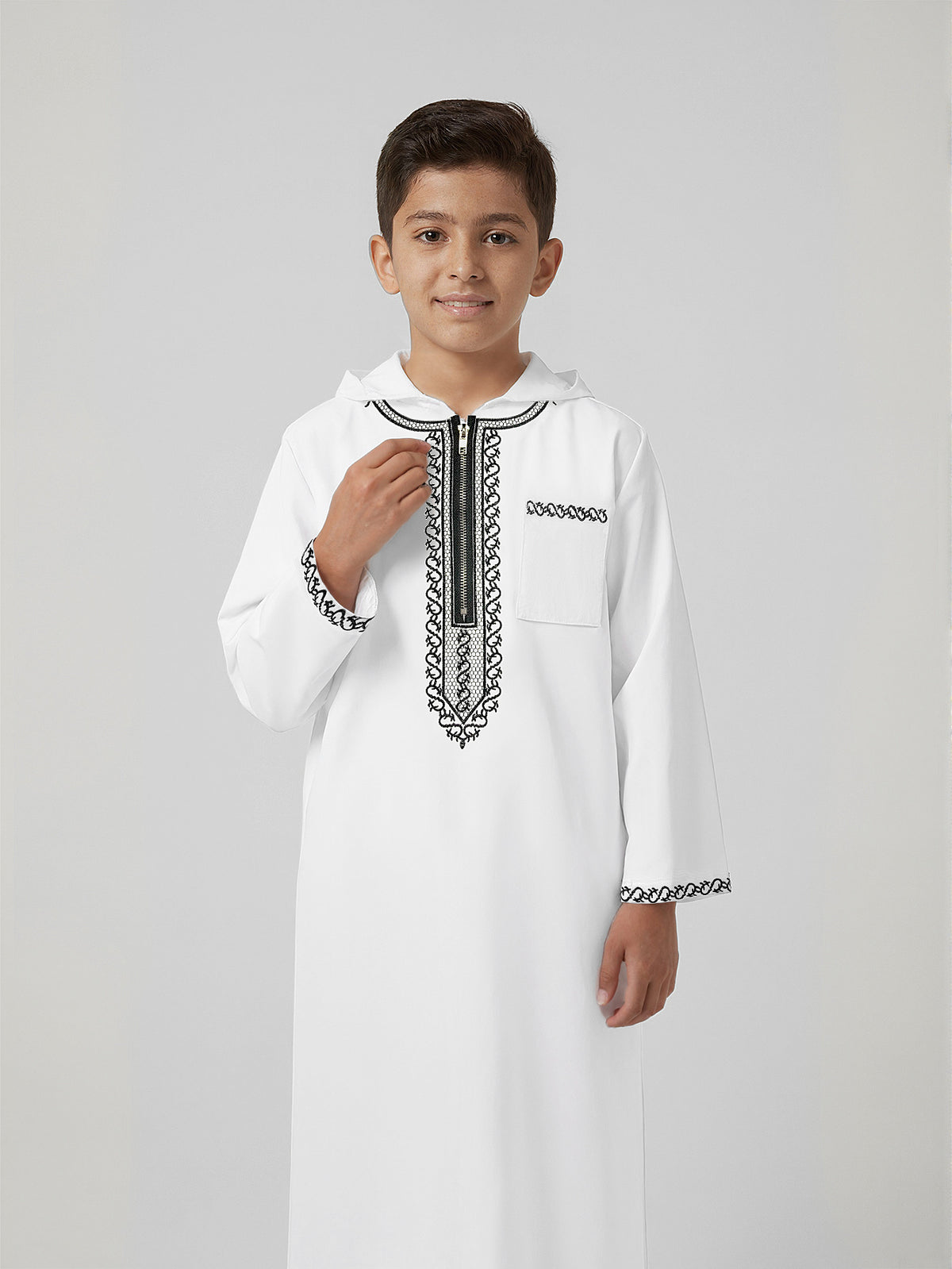 Boys' White Hooded Djellaba with Black Embroidery & Zip Neck