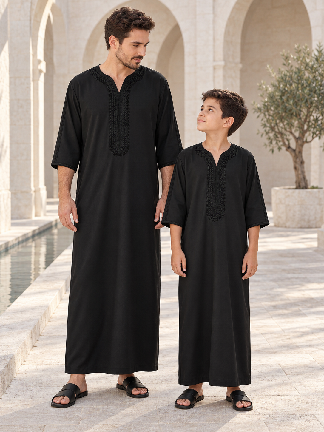Matching Father & Son Black Kaftans with Tonal Embroidery – Relaxed Full-Length Robes for Eid & Summer Occasions