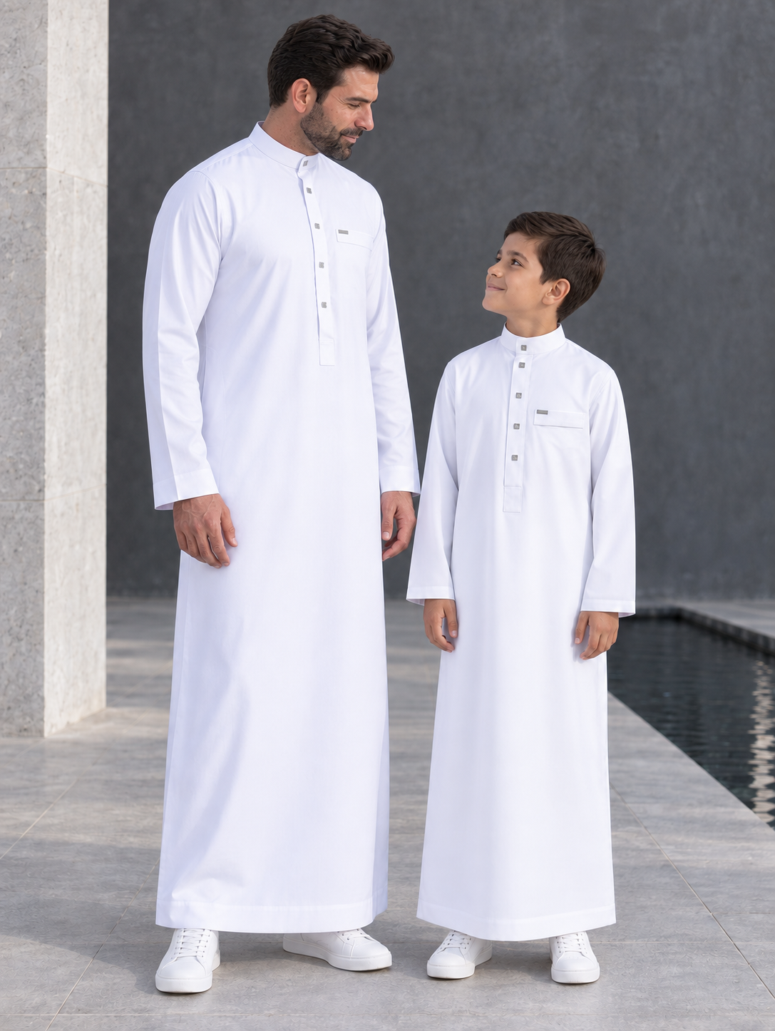 Matching Father & Son White Thobes with Silver-Tone Button Details – Long Sleeve Islamic Robes for Eid, Prayer & Everyday Wear