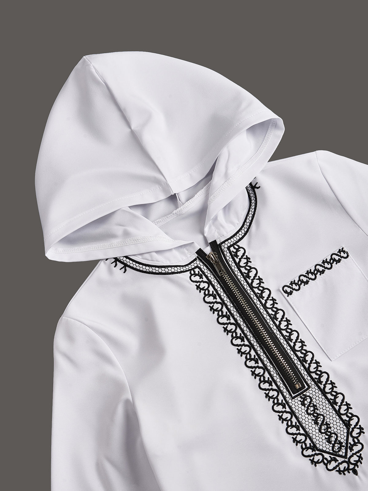 Boys' White Hooded Djellaba with Black Embroidery & Zip Neck