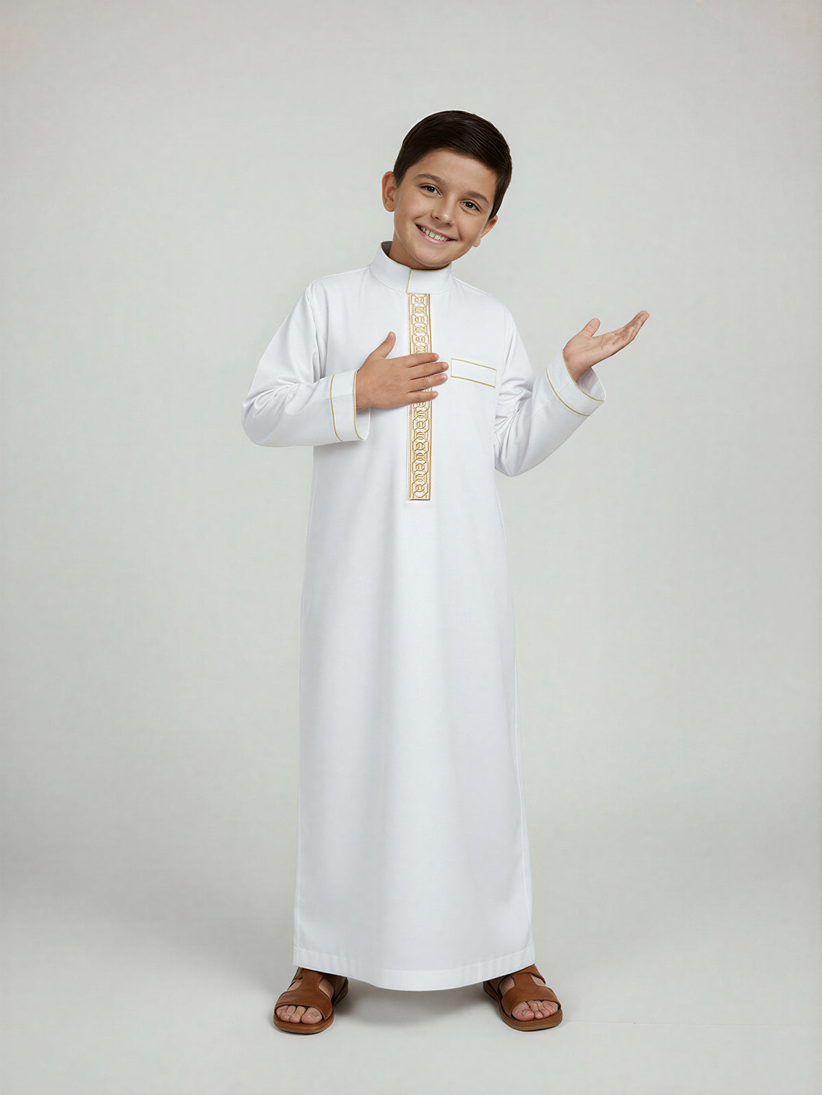 Boys' Geometric Embroidered Thobe with Gold-Tone Trim – Available in White or Black