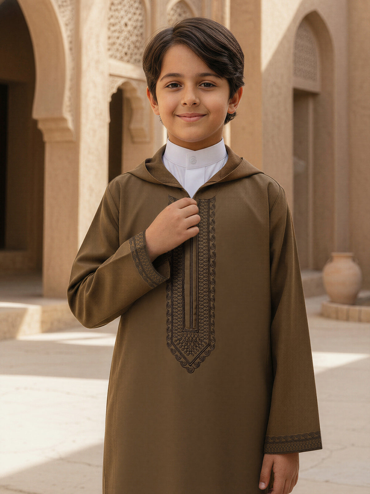Boys’ Olive Brown Hooded Djellaba with Tonal Embroidery & Half-Zip Neck – Eid and Everyday Wear