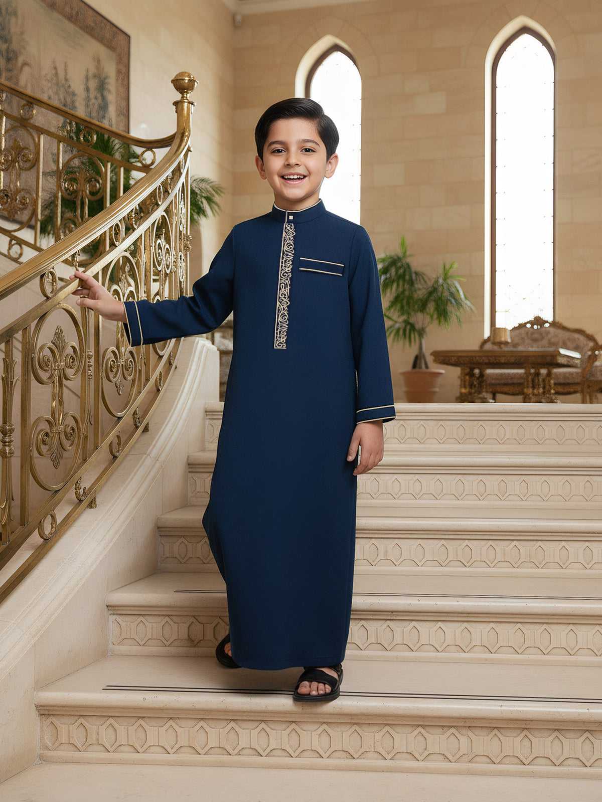 Boys' Embroidered Thobe – Classic Navy Blue Long-Sleeve Arabic Robe with Gold Trim