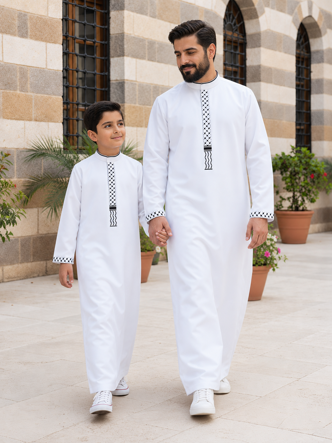Matching Father & Son White Thobes with Black Keffiyeh-Inspired Embroidery – Long Sleeve Islamic Robes for Eid & Prayer