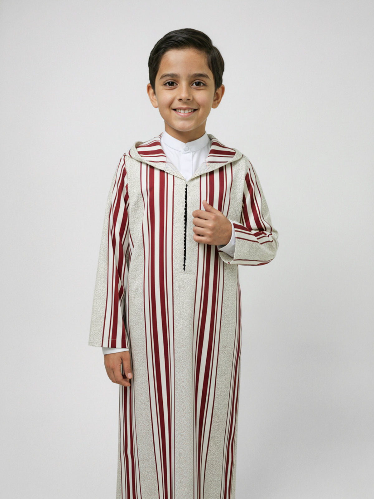 Boys’ Burgundy & Cream Striped Hooded Djellaba – Long Sleeve Robe for Eid & Everyday Wear