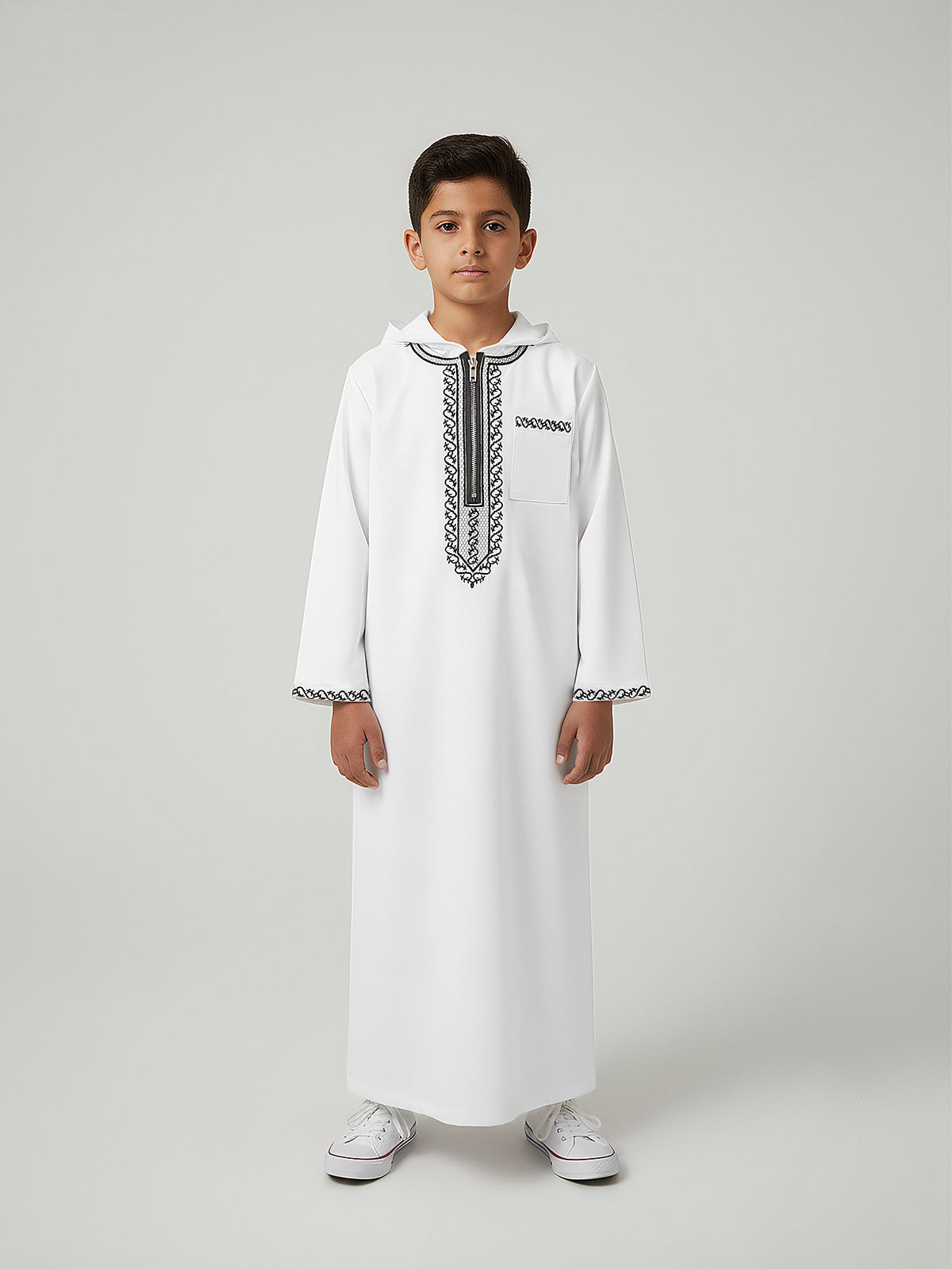 Boys' White Hooded Djellaba with Black Embroidery & Zip Neck