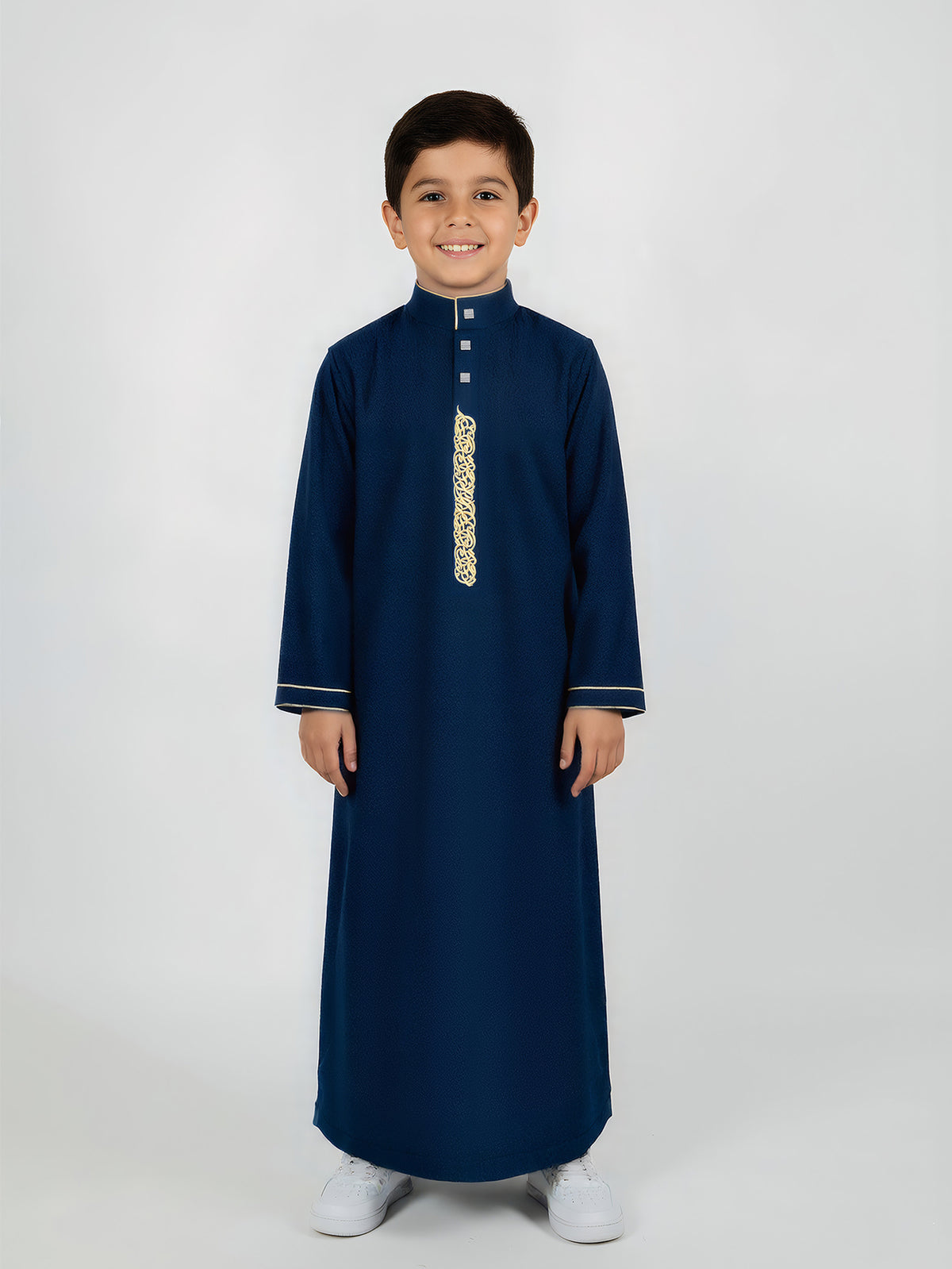 Boys' Navy Blue Thobe with Gold Embroidery & Button Placket