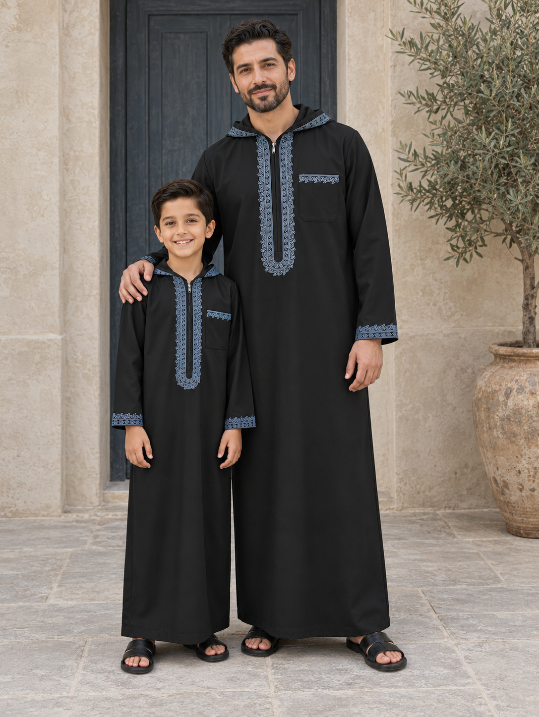Matching Father & Son Black Hooded Djellabas with Blue Embroidery – Long Sleeve Robes for Eid & Family Occasions
