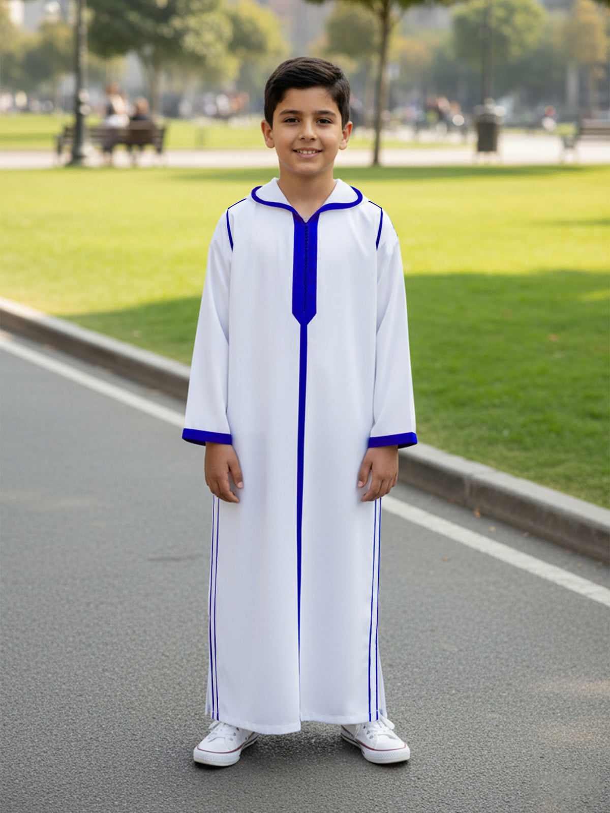 Boys' White Hooded Djellaba with Royal Blue Trim