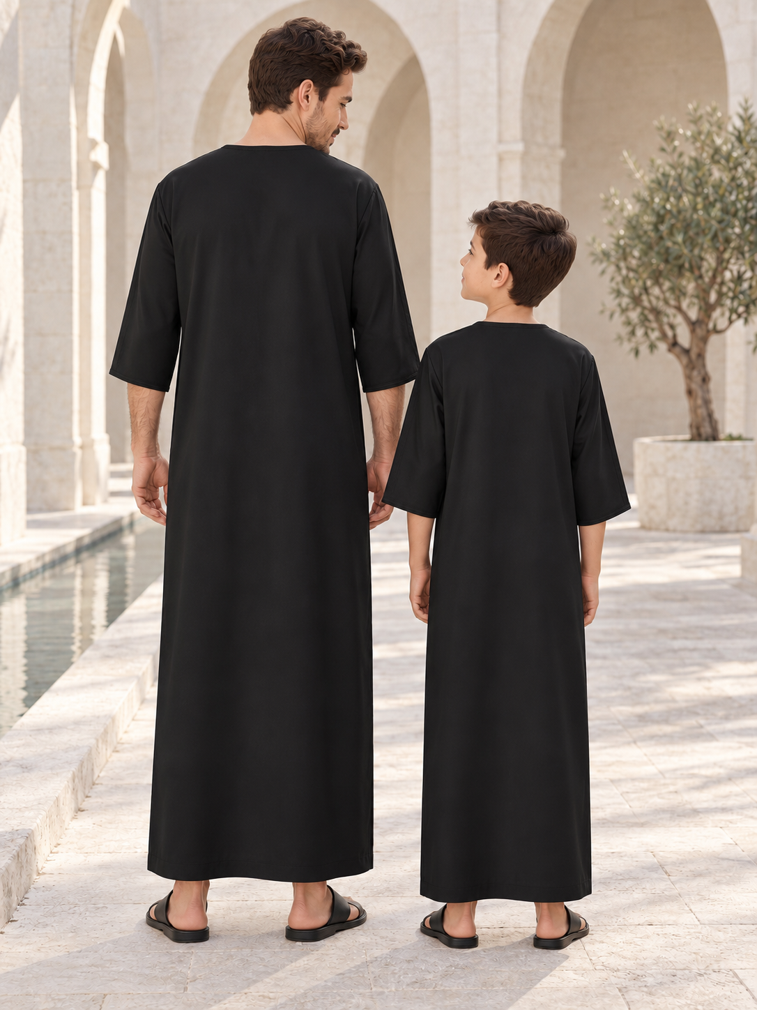 Matching Father & Son Black Kaftans with Tonal Embroidery – Relaxed Full-Length Robes for Eid & Summer Occasions