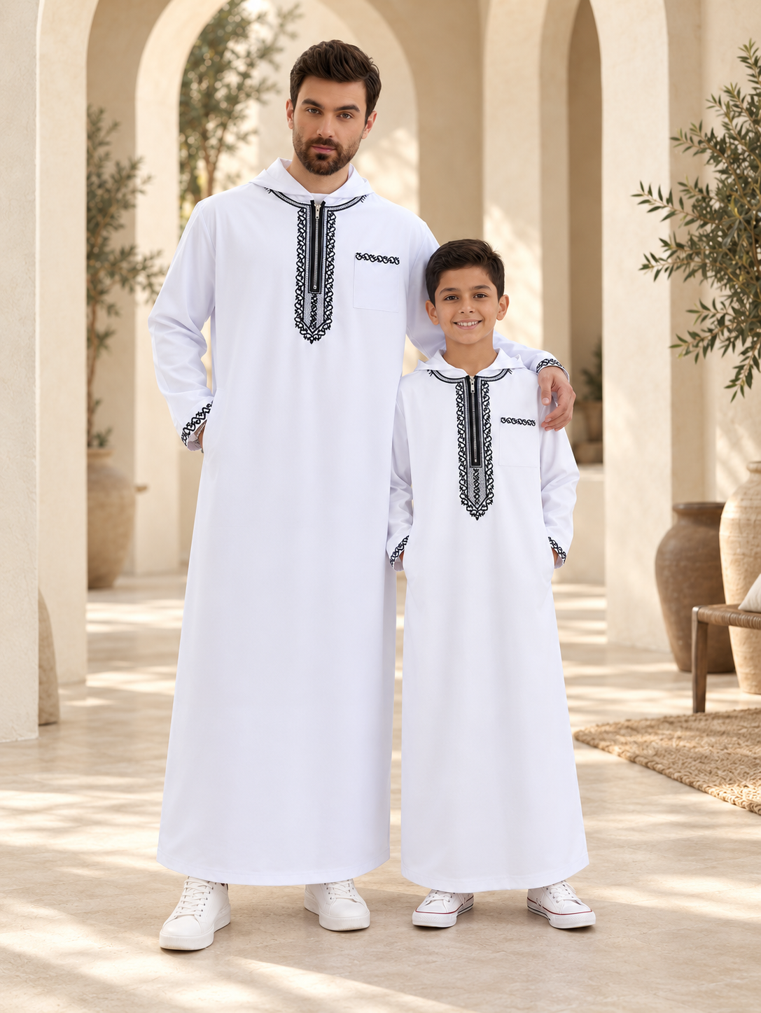 Father & Son Matching White Hooded Thobes with Black Embroidery – Zip-Neck Robes for Eid & Family Gatherings
