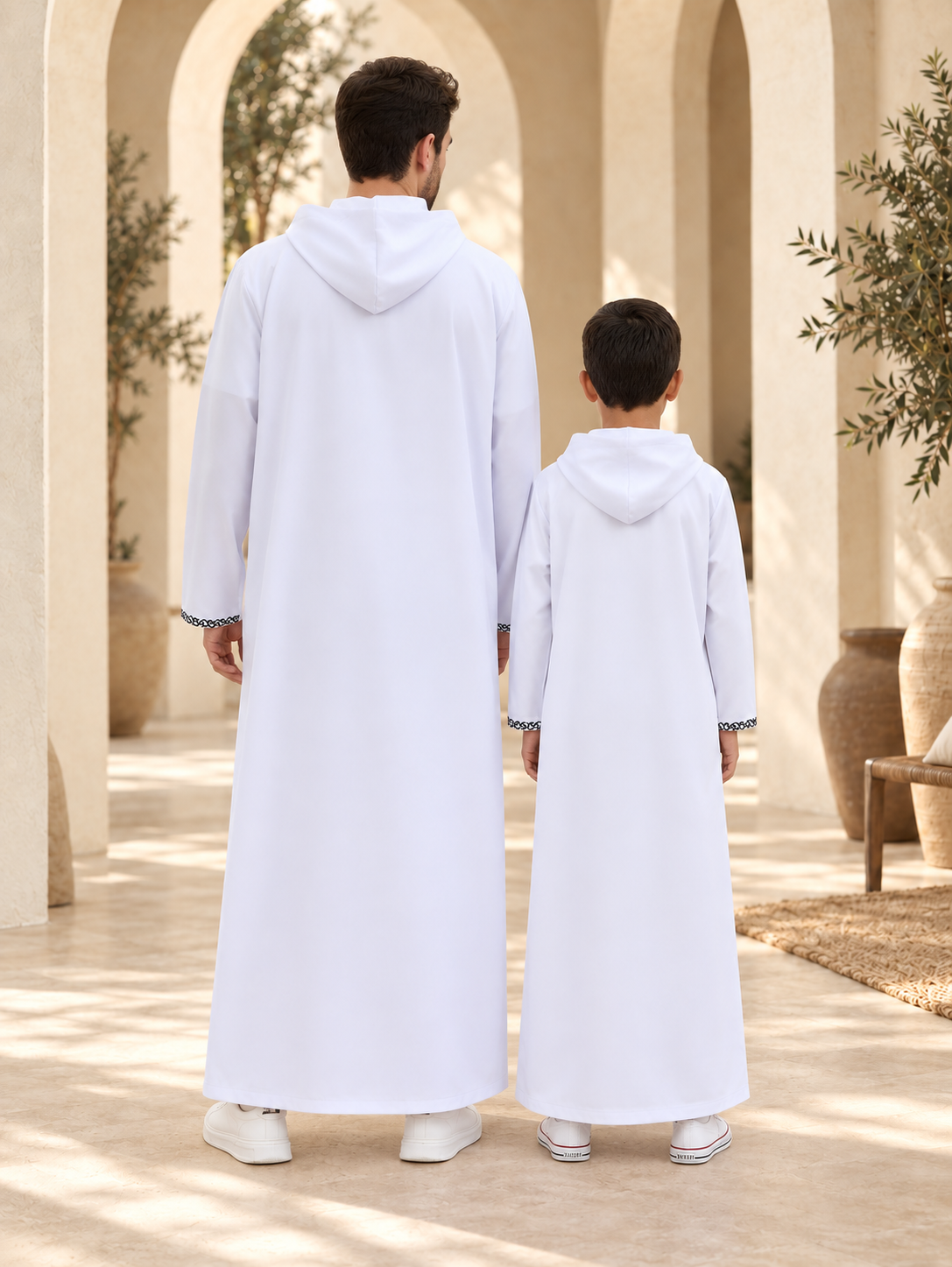 Father & Son Matching White Hooded Thobes with Black Embroidery – Zip-Neck Robes for Eid & Family Gatherings