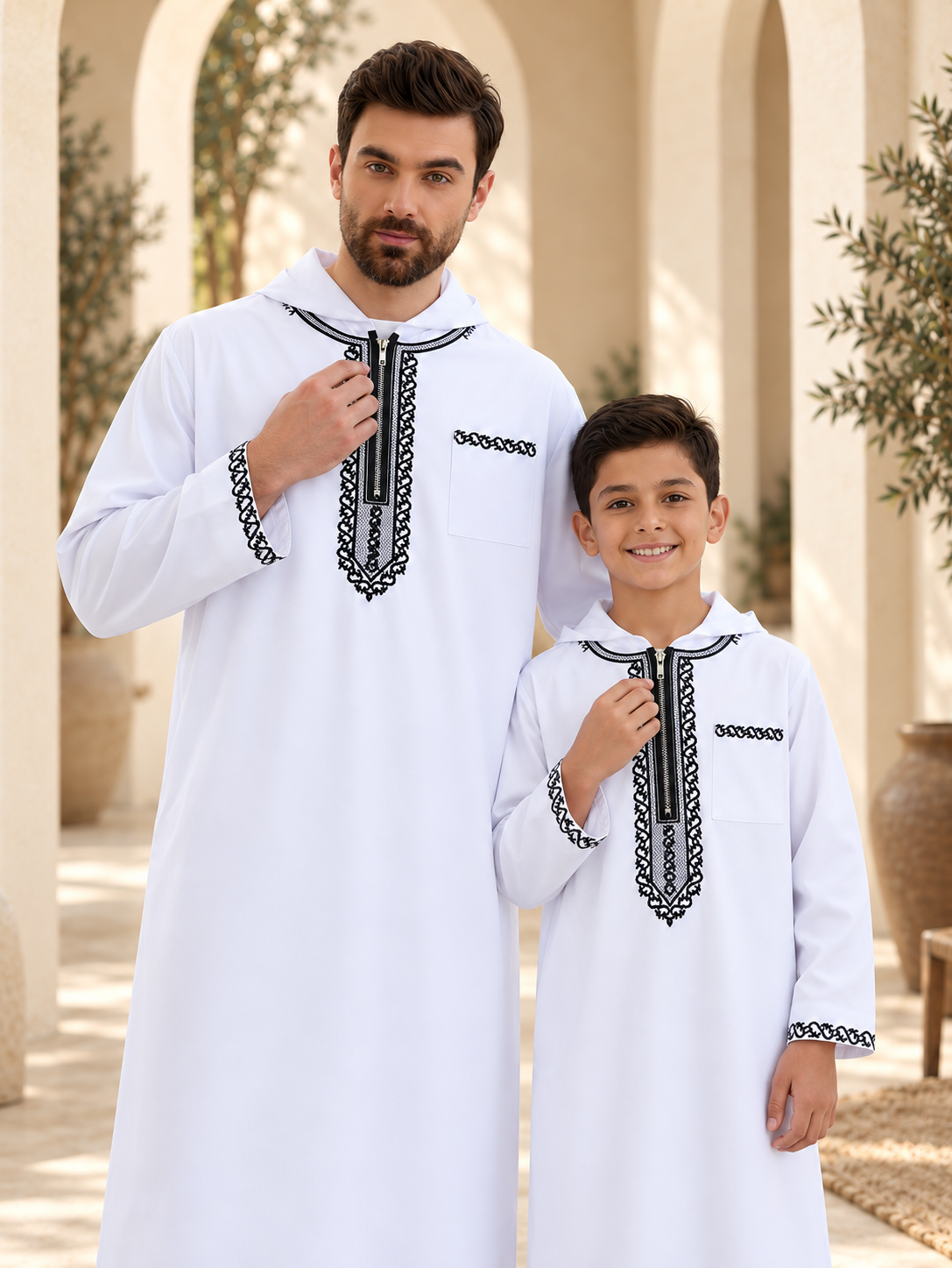 Father & Son Matching White Hooded Thobes with Black Embroidery – Zip-Neck Robes for Eid & Family Gatherings
