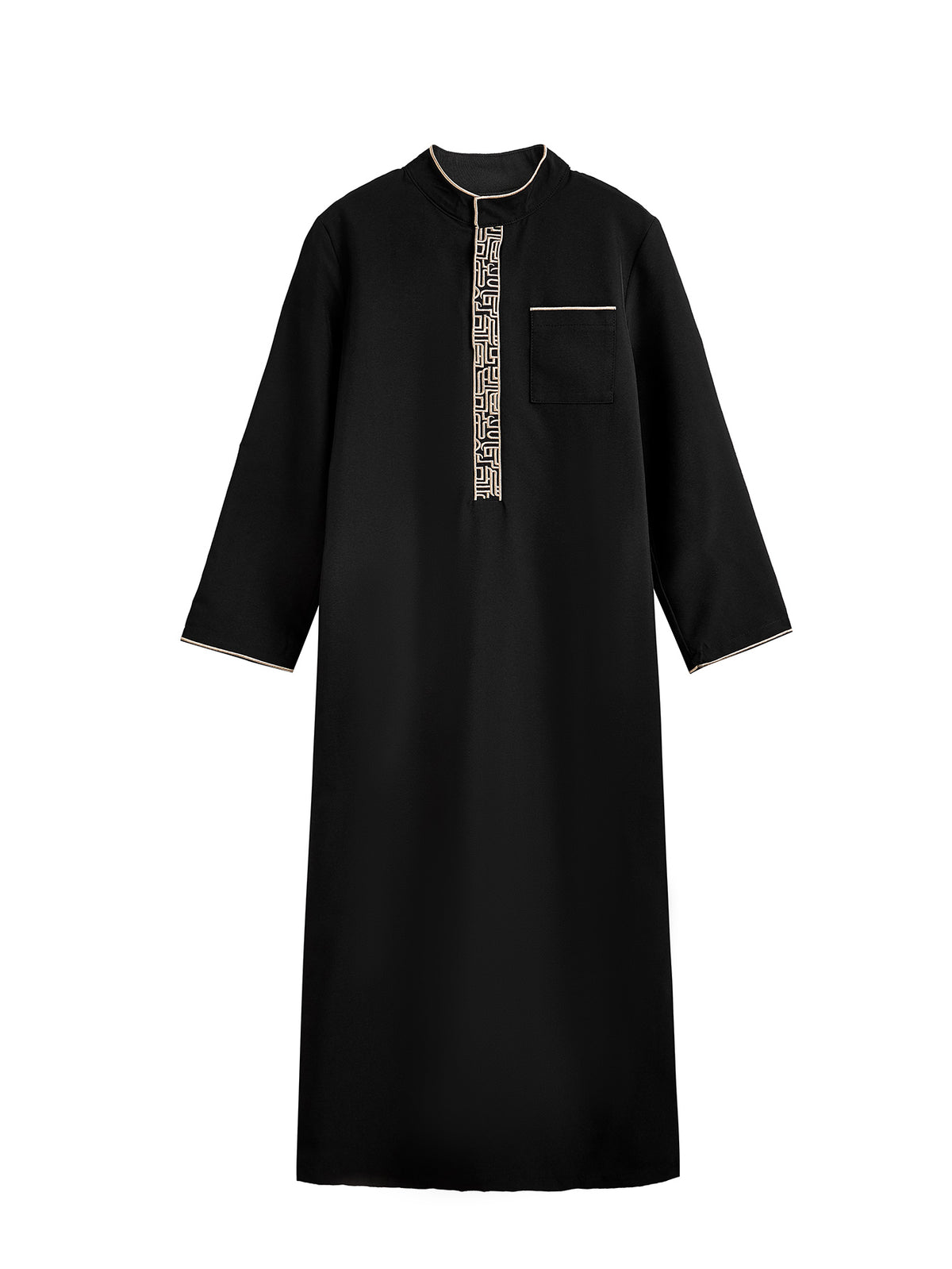 Boys' Black Thobe with Gold Geometric Placket & Pockets