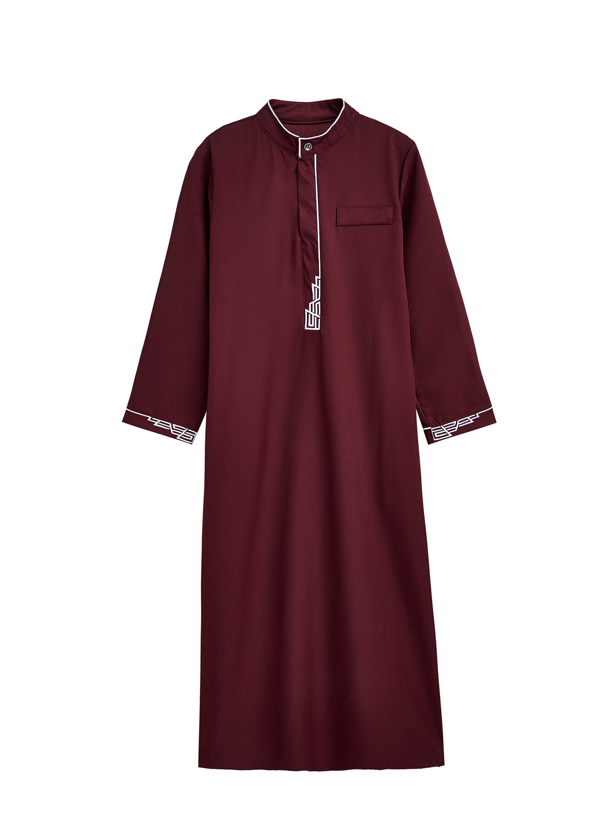 Boys' Burgundy Embroidered Thobe with Stand Collar & Chest Pocket