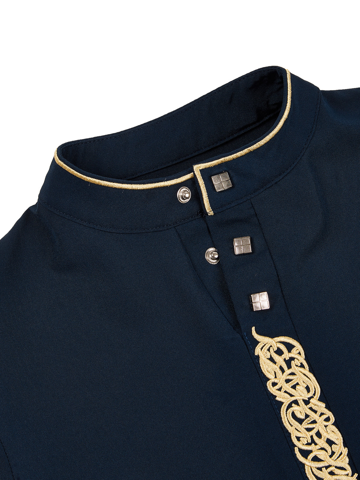 Boys' Navy Blue Thobe with Gold Embroidery & Button Placket