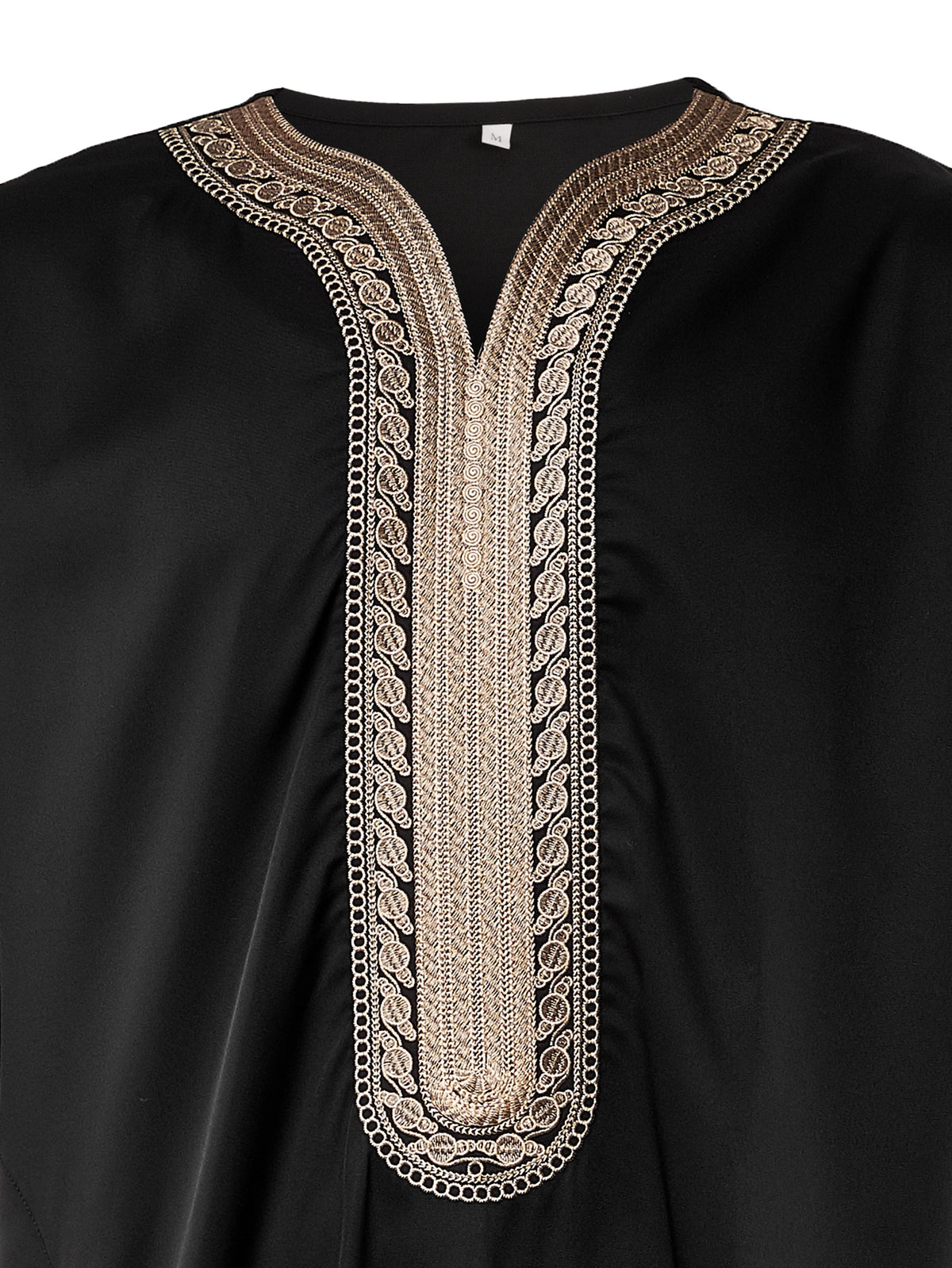 Thobe marocain noir à col en V avec broderie dorée pour homme - Manches courtes