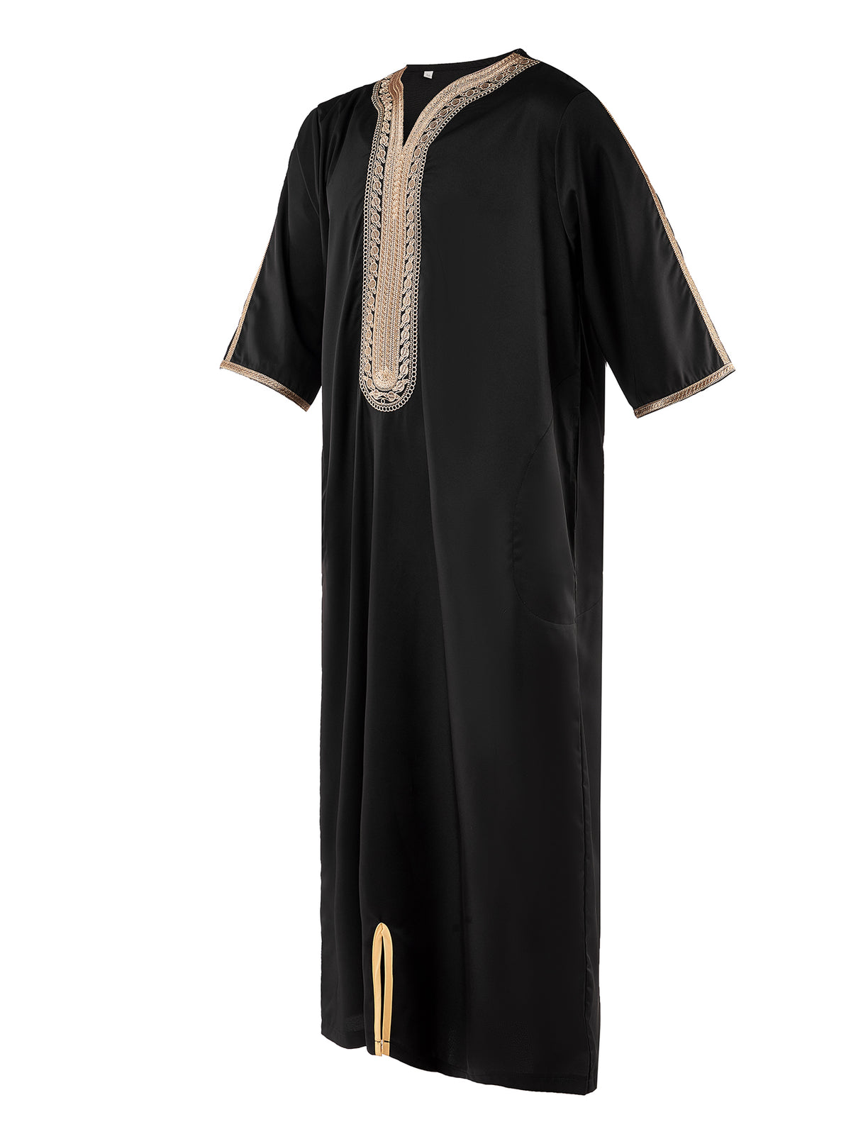 Thobe marocain noir à col en V avec broderie dorée pour homme - Manches courtes