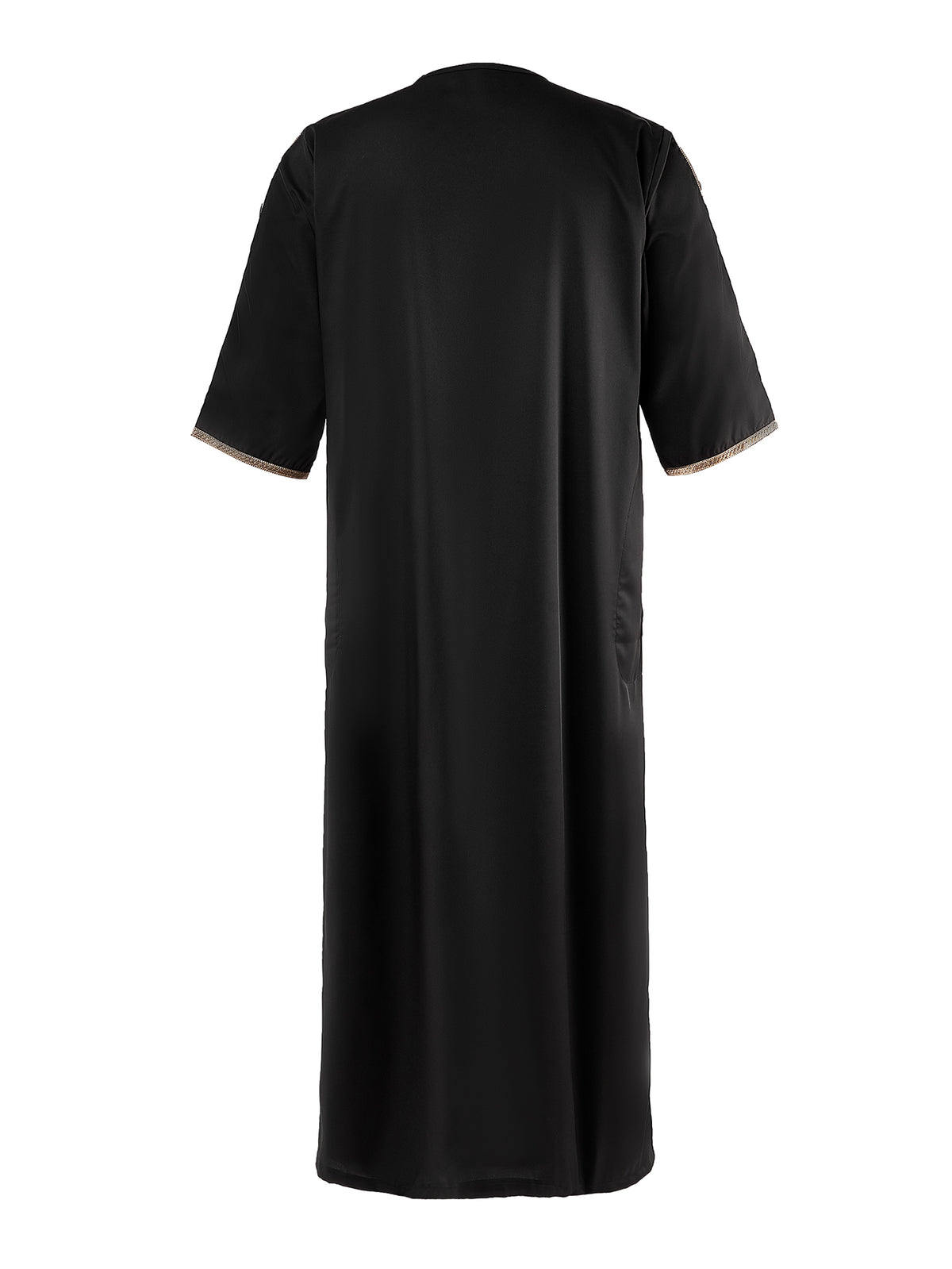 Thobe marocain noir à col en V avec broderie dorée pour homme - Manches courtes