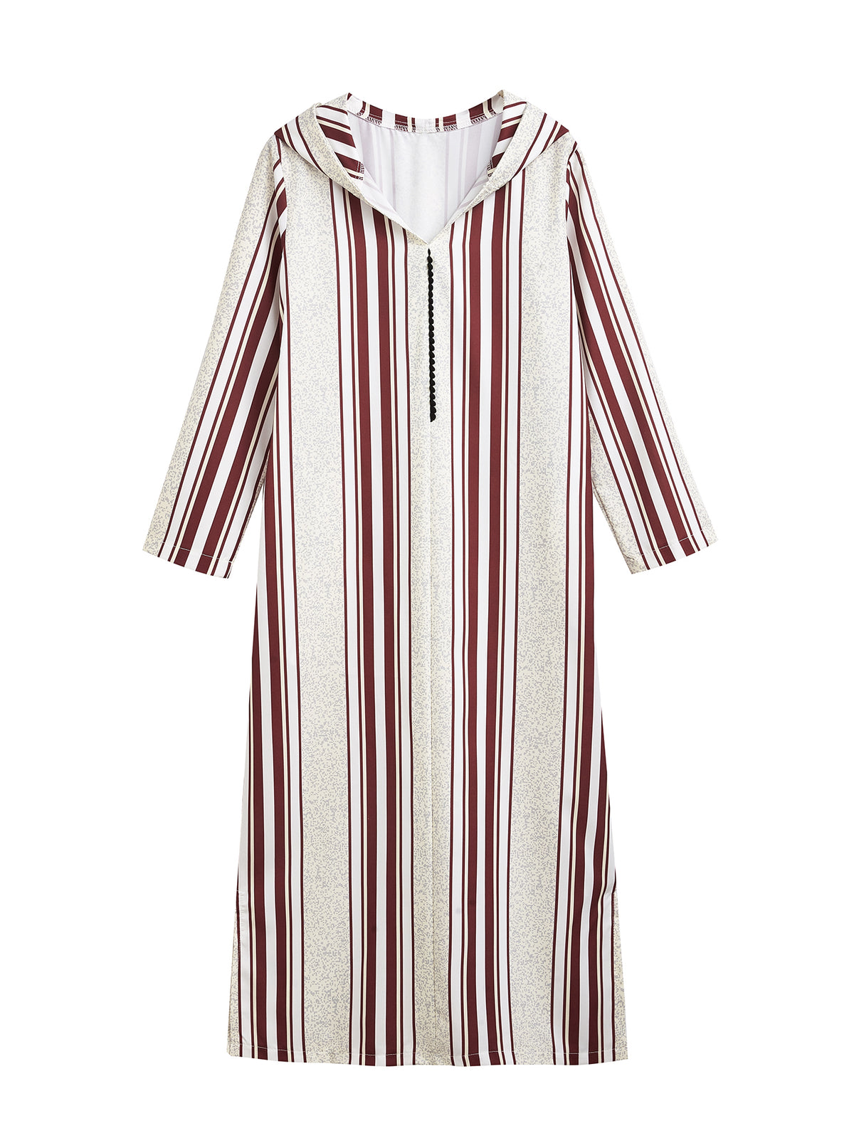Boys’ Burgundy & Cream Striped Hooded Djellaba – Long Sleeve Robe for Eid & Everyday Wear