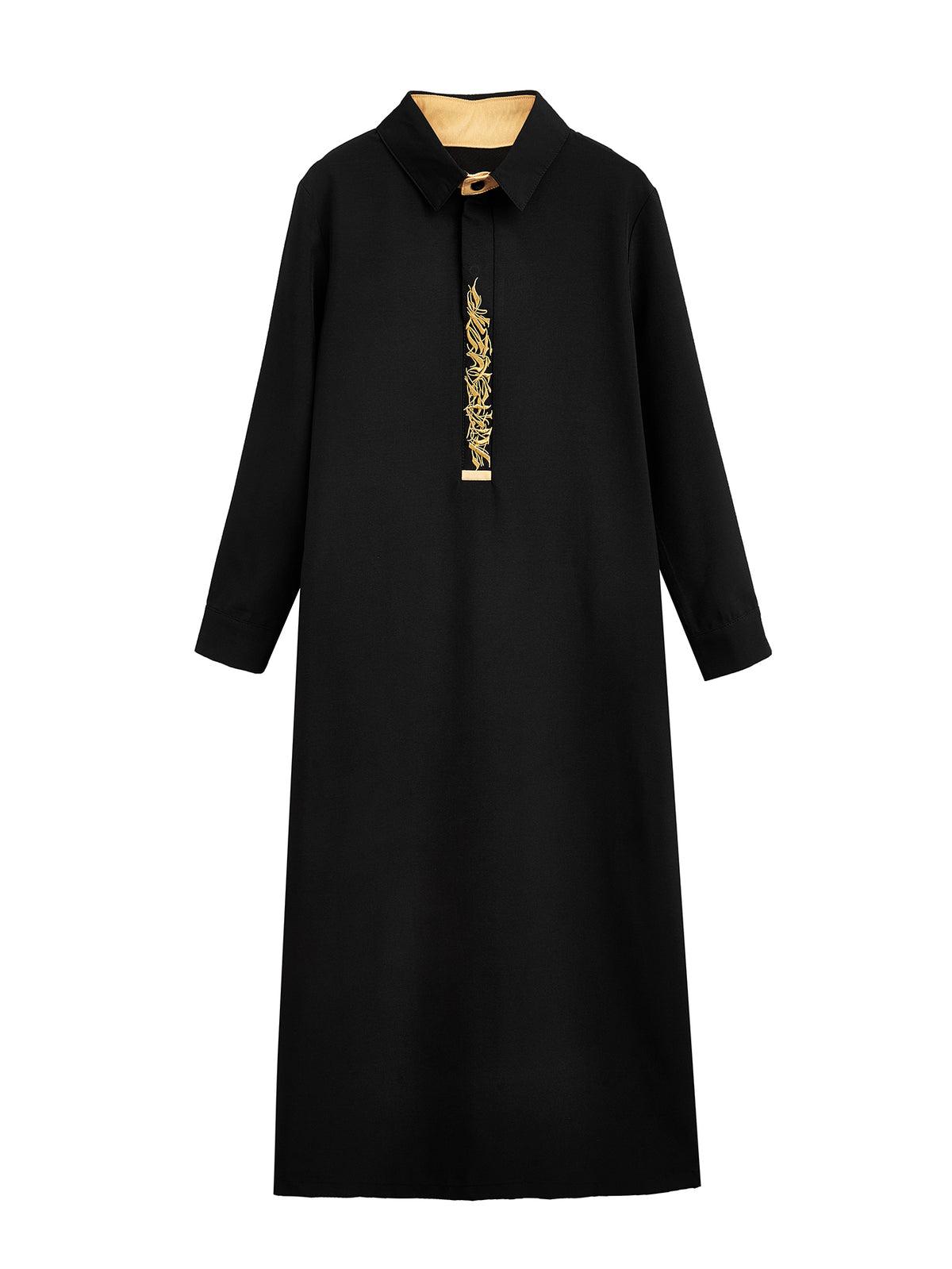 Boys’ Black Thobe with Turn-Down Collar and Gold Embroidered Placket