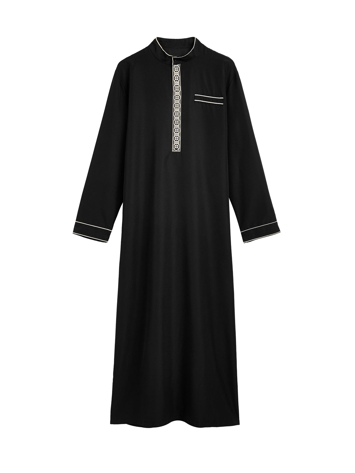 Qamis raffiné pour homme avec col montant, broderie géométrique et fausse poche décorative – Deux couleurs disponibles