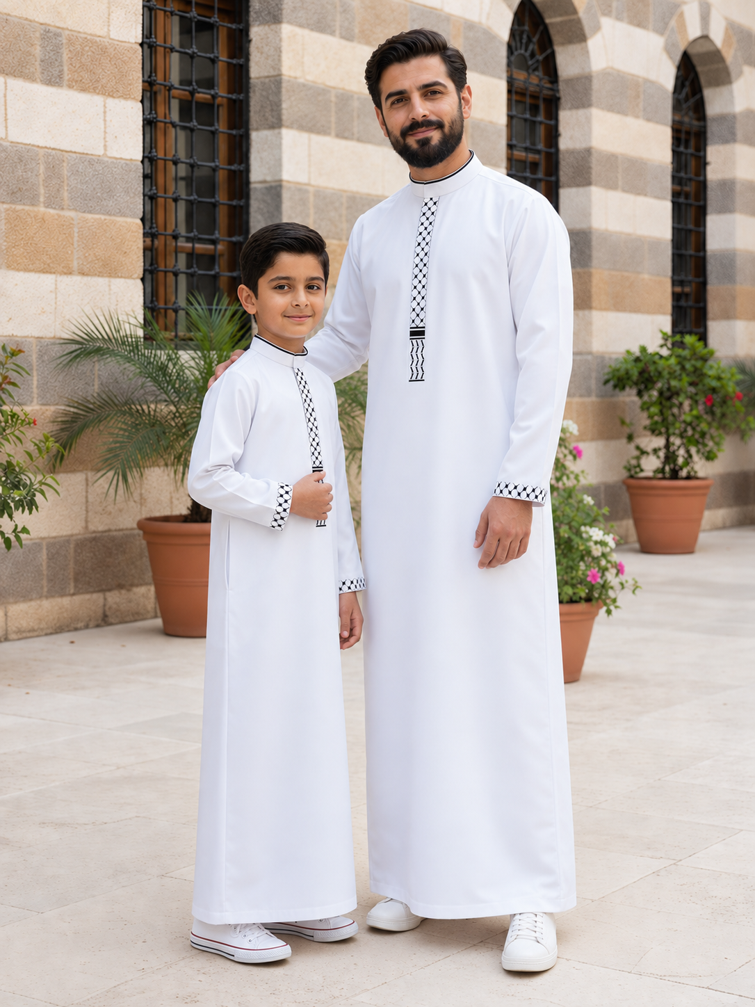Matching Father & Son White Thobes with Black Keffiyeh-Inspired Embroidery – Long Sleeve Islamic Robes for Eid & Prayer