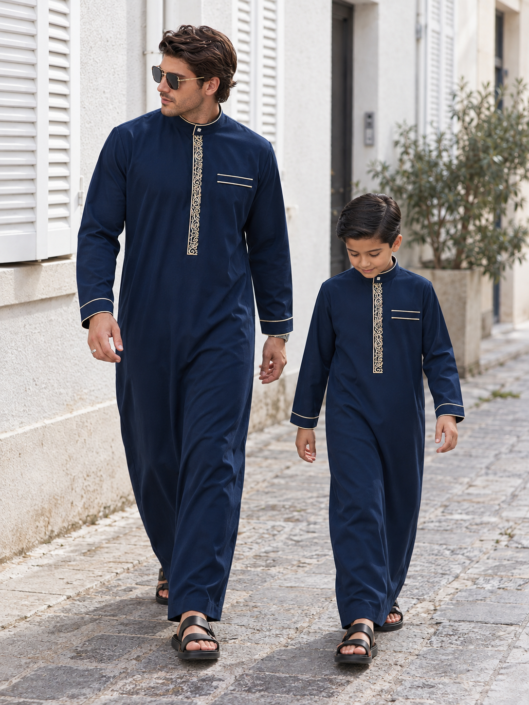 Matching Father & Son Navy Blue Thobes with Gold Embroidery – Long Sleeve Islamic Robes for Eid & Family Occasions