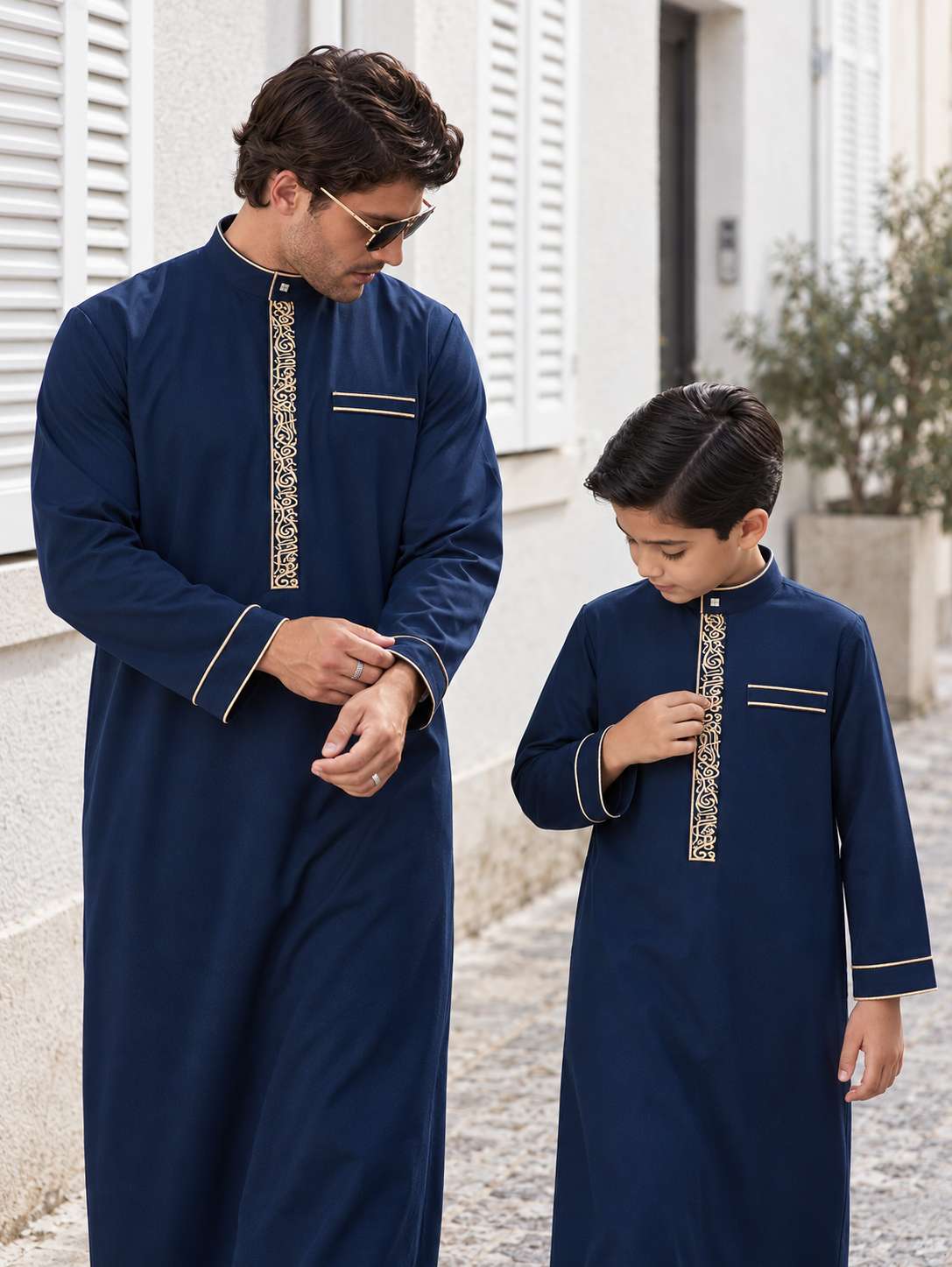 Matching Father & Son Navy Blue Thobes with Gold Embroidery – Long Sleeve Islamic Robes for Eid & Family Occasions
