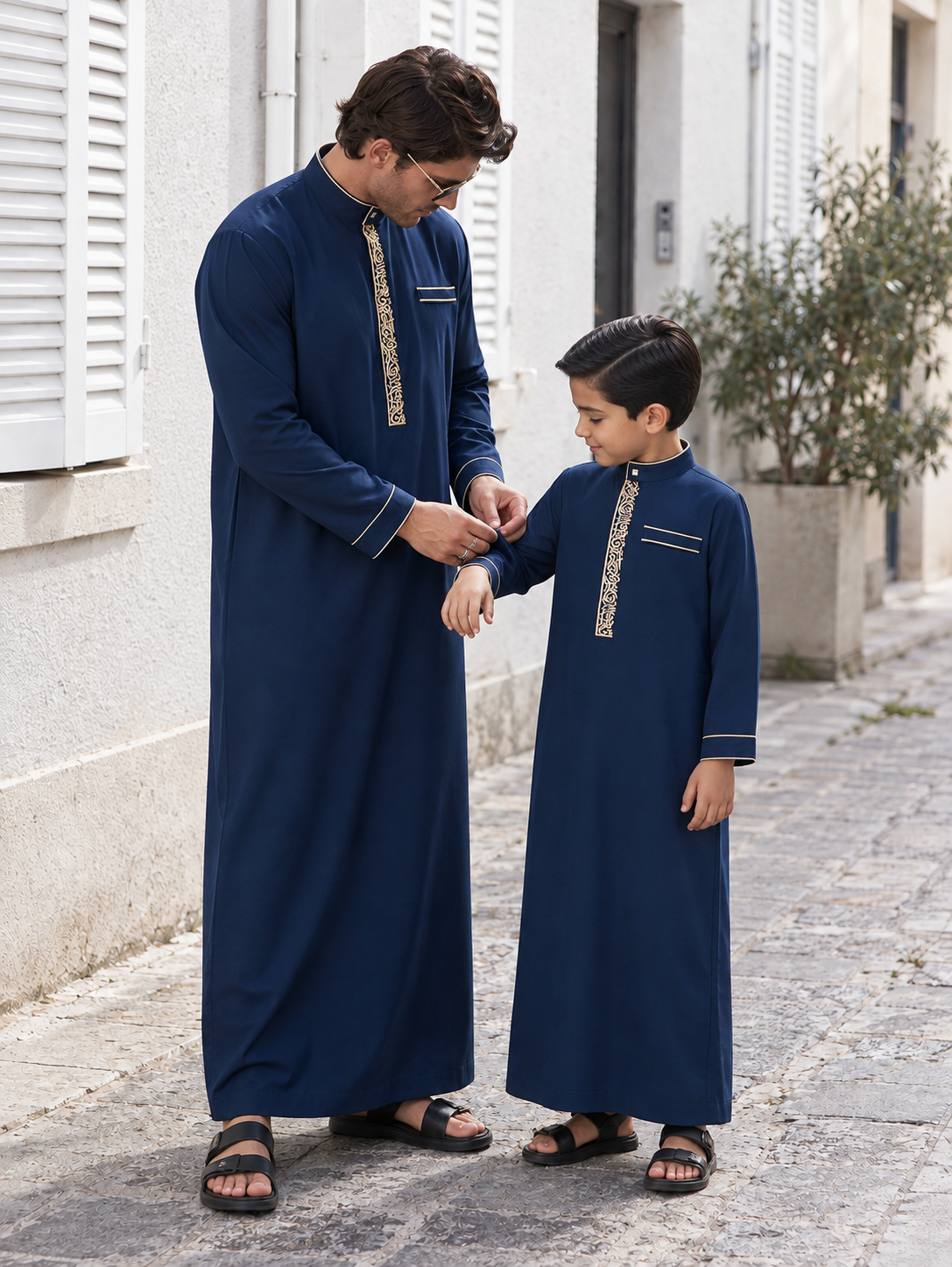 Matching Father & Son Navy Blue Thobes with Gold Embroidery – Long Sleeve Islamic Robes for Eid & Family Occasions